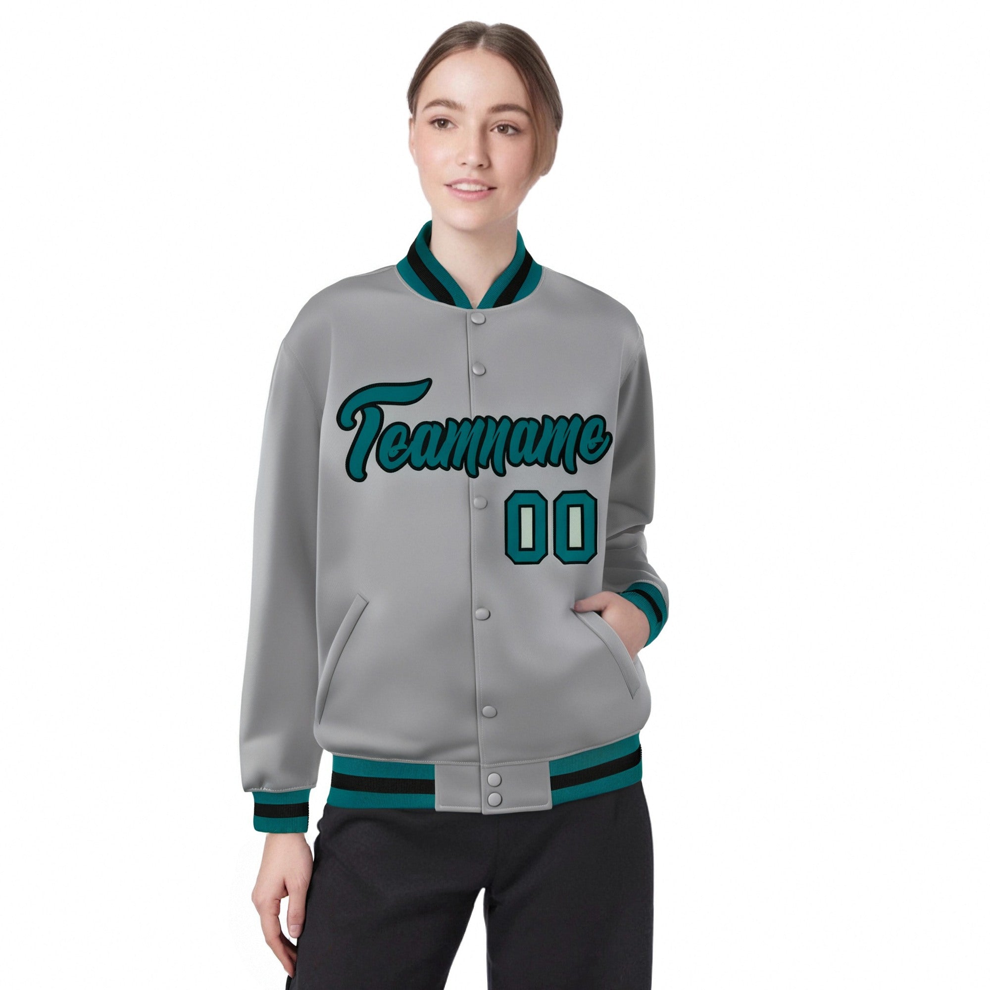 Custom Gray Aqua-Black Bomber Full-Snap Varsity Letterman Jacket