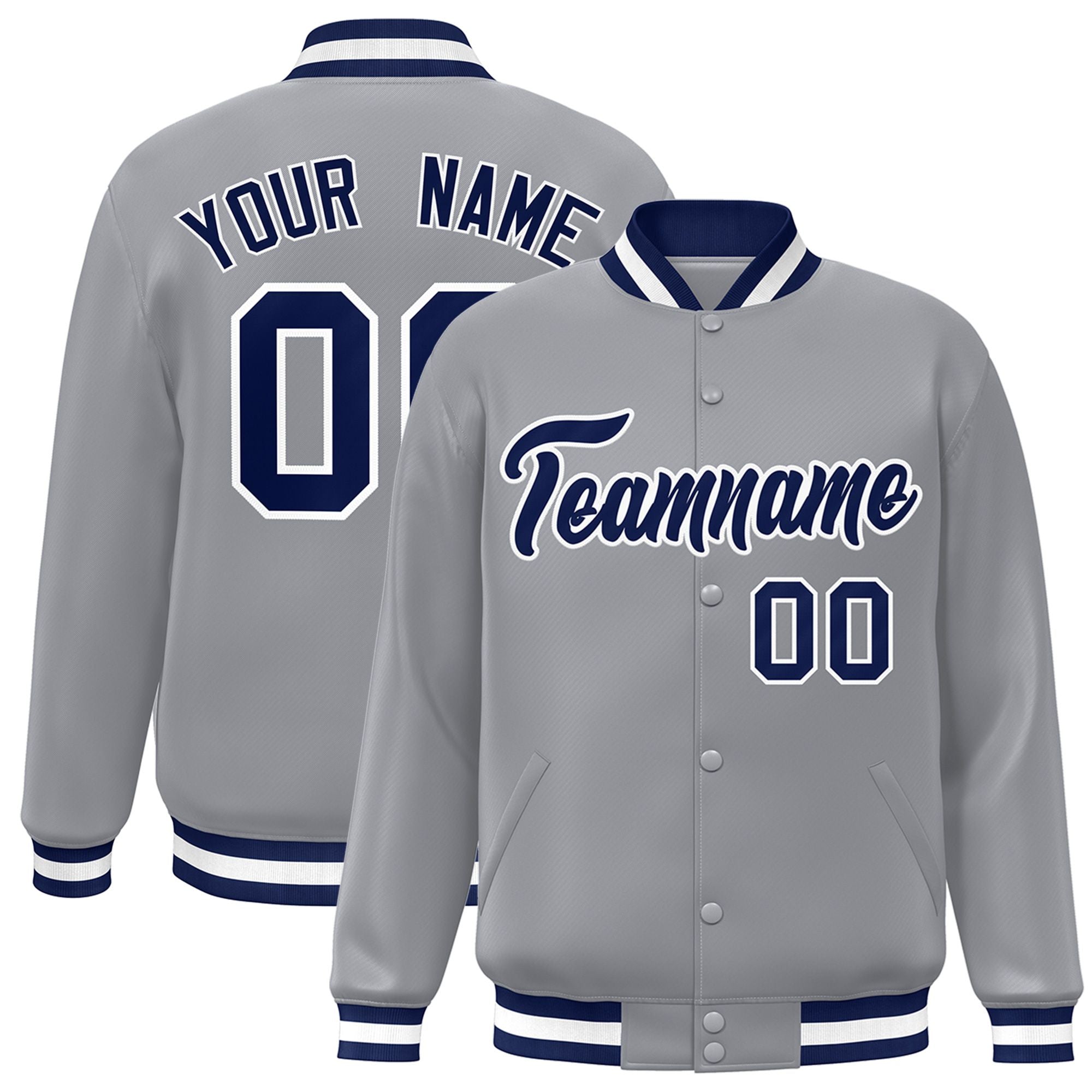 Custom Gray Navy-White Bomber Full-Snap Varsity Letterman Jacket