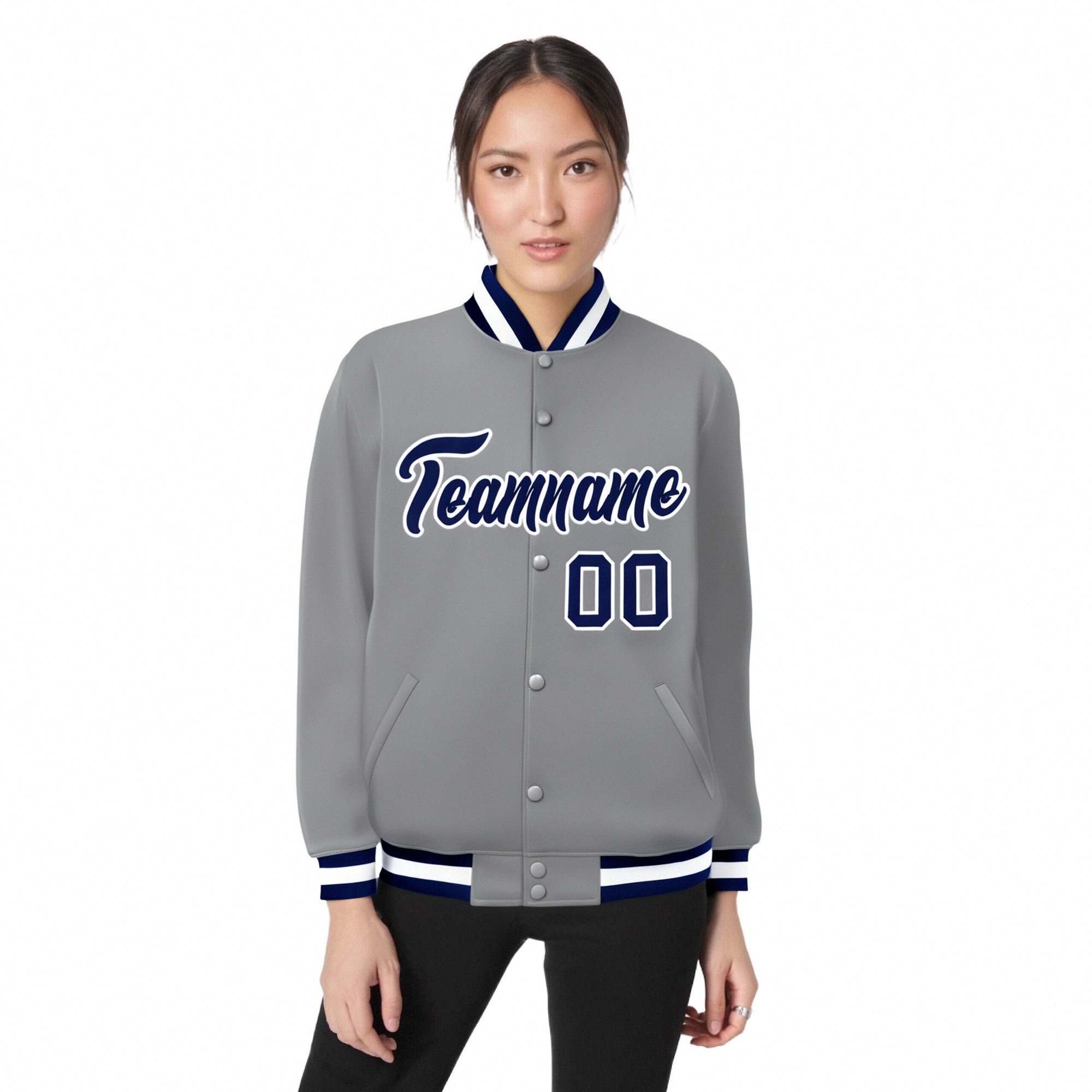 Custom Gray Navy-White Bomber Full-Snap Varsity Letterman Jacket