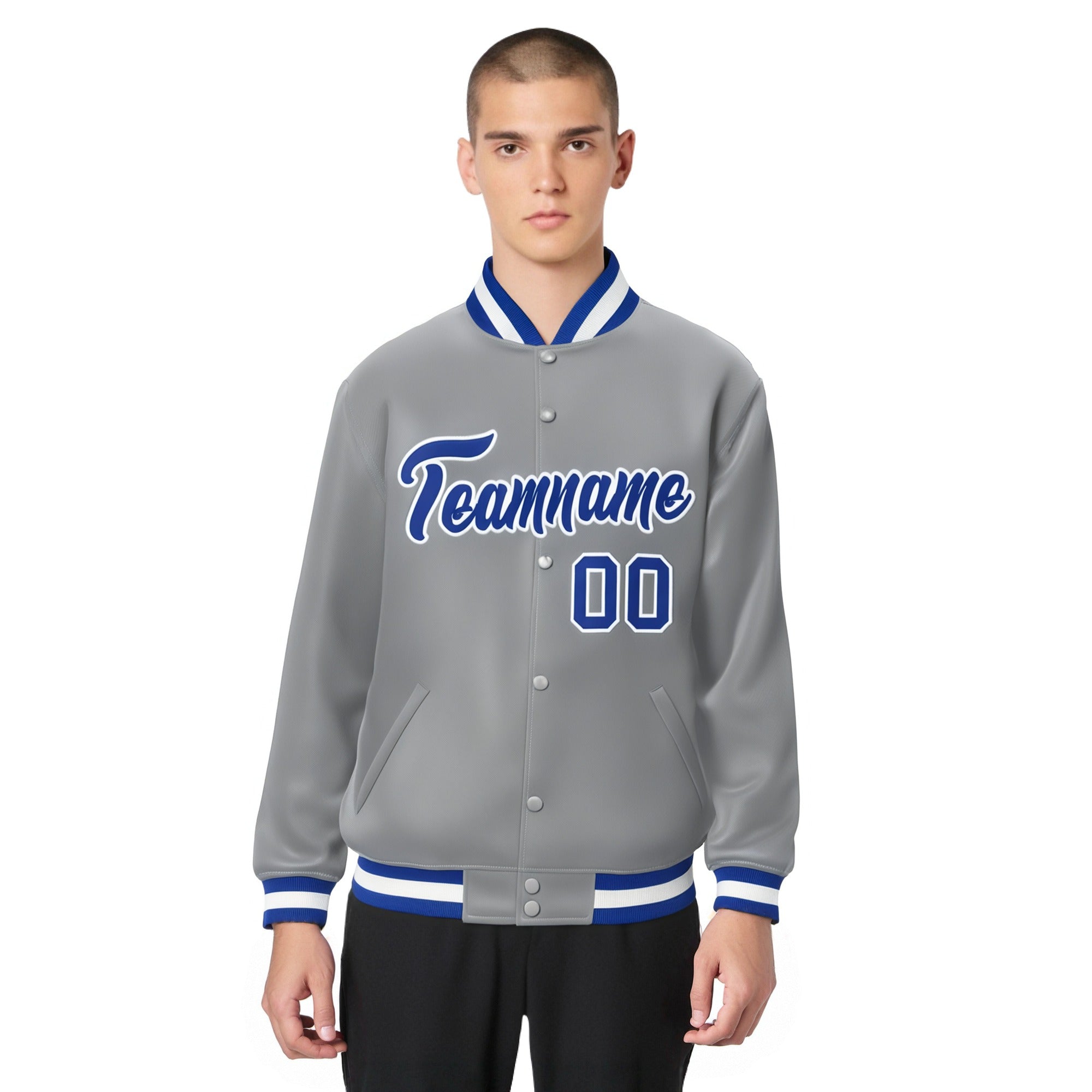 Custom Gray Royal-Blue White Bomber Full-Snap Varsity Letterman Jacket