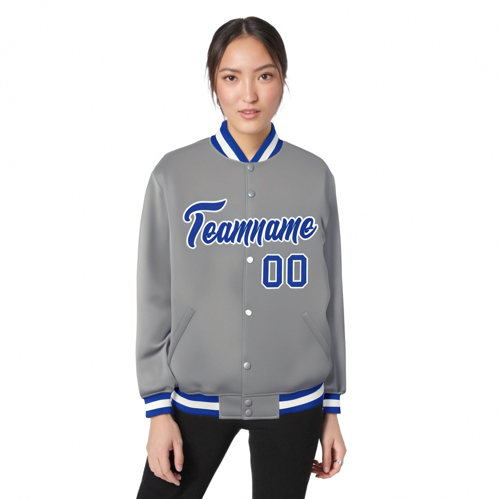 Custom Gray Royal-Blue White Bomber Full-Snap Varsity Letterman Jacket