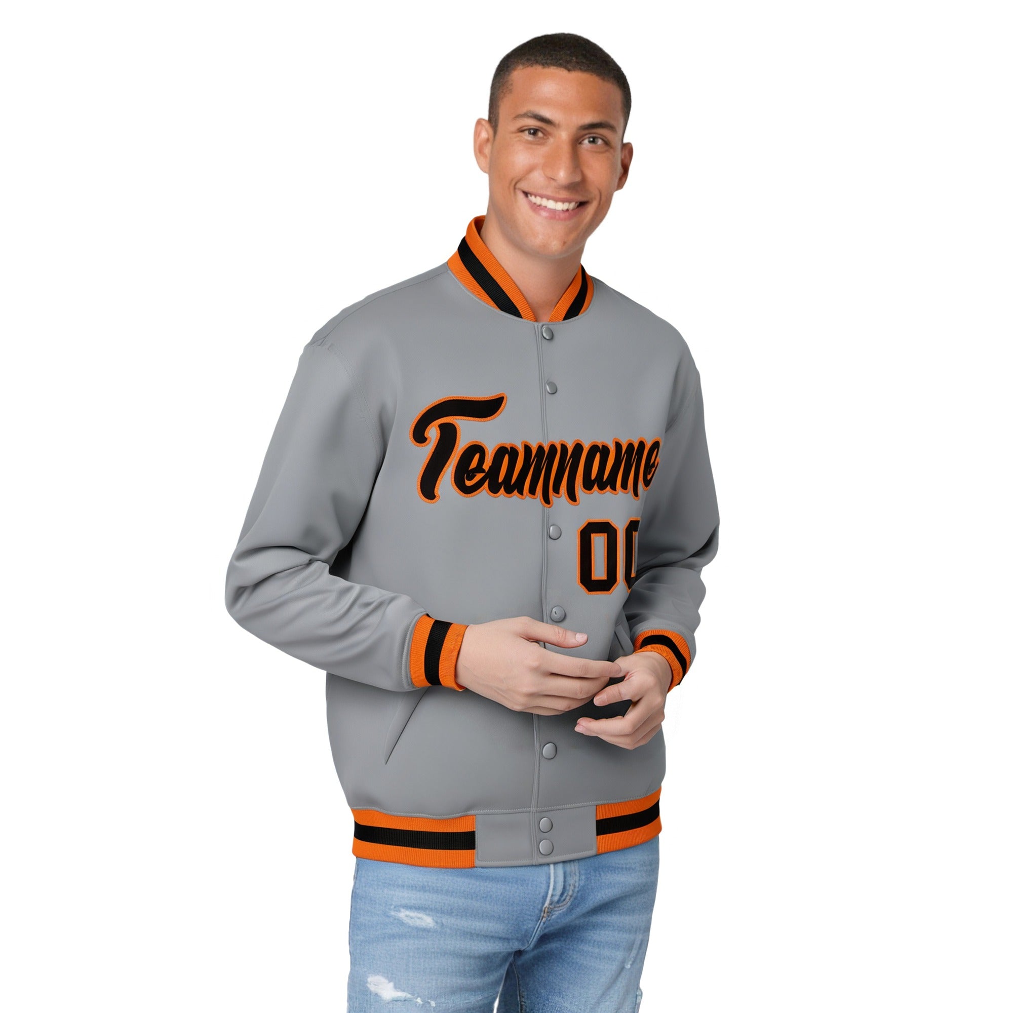 Custom Gray Black-Orange Bomber Full-Snap Varsity Letterman Jacket