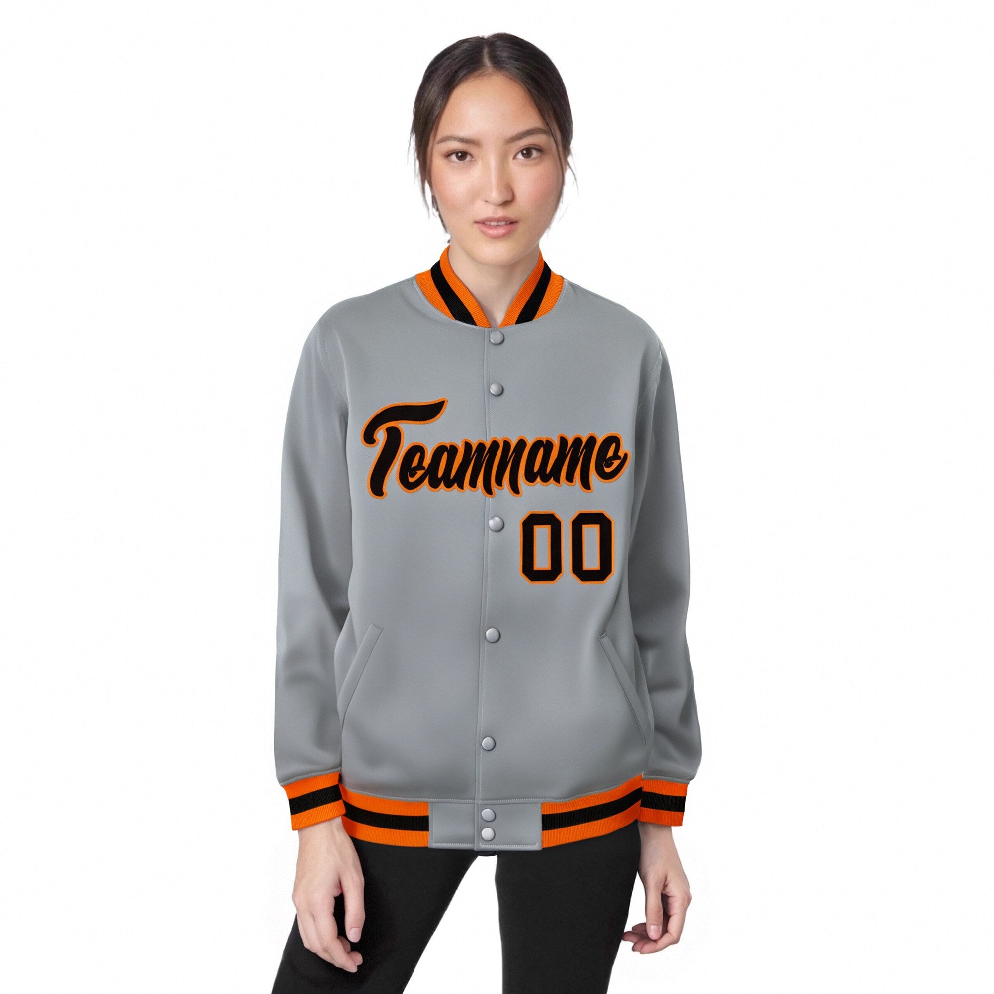 Custom Gray Black-Orange Bomber Full-Snap Varsity Letterman Jacket