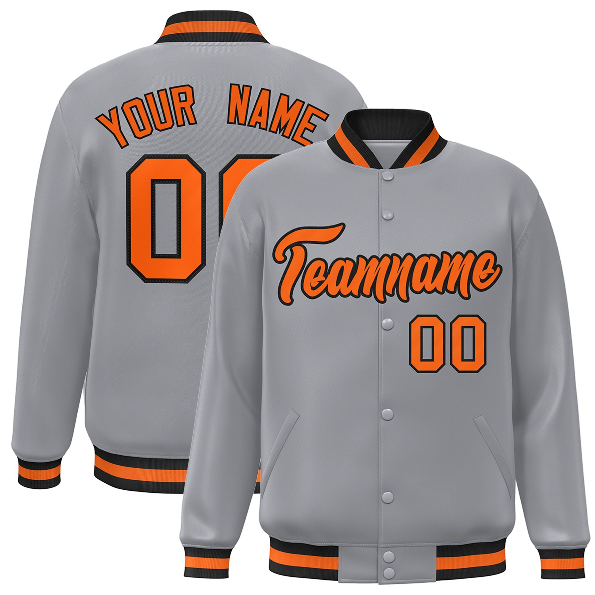 Custom Gray Orange-Black Bomber Full-Snap Varsity Letterman Jacket