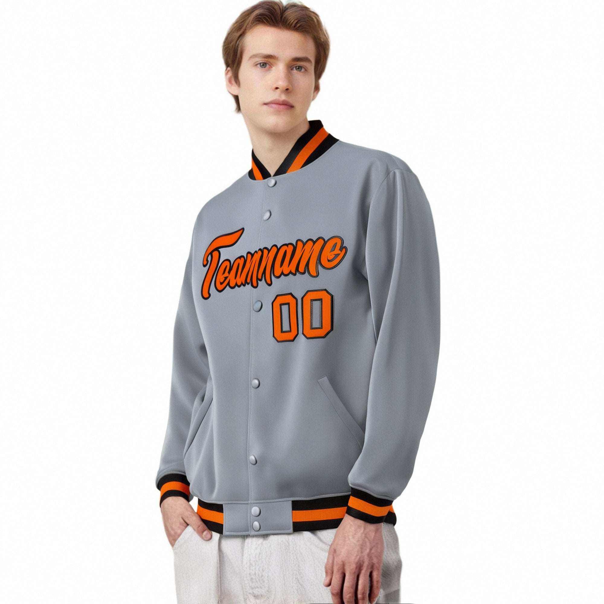 Custom Gray Orange-Black Bomber Full-Snap Varsity Letterman Jacket