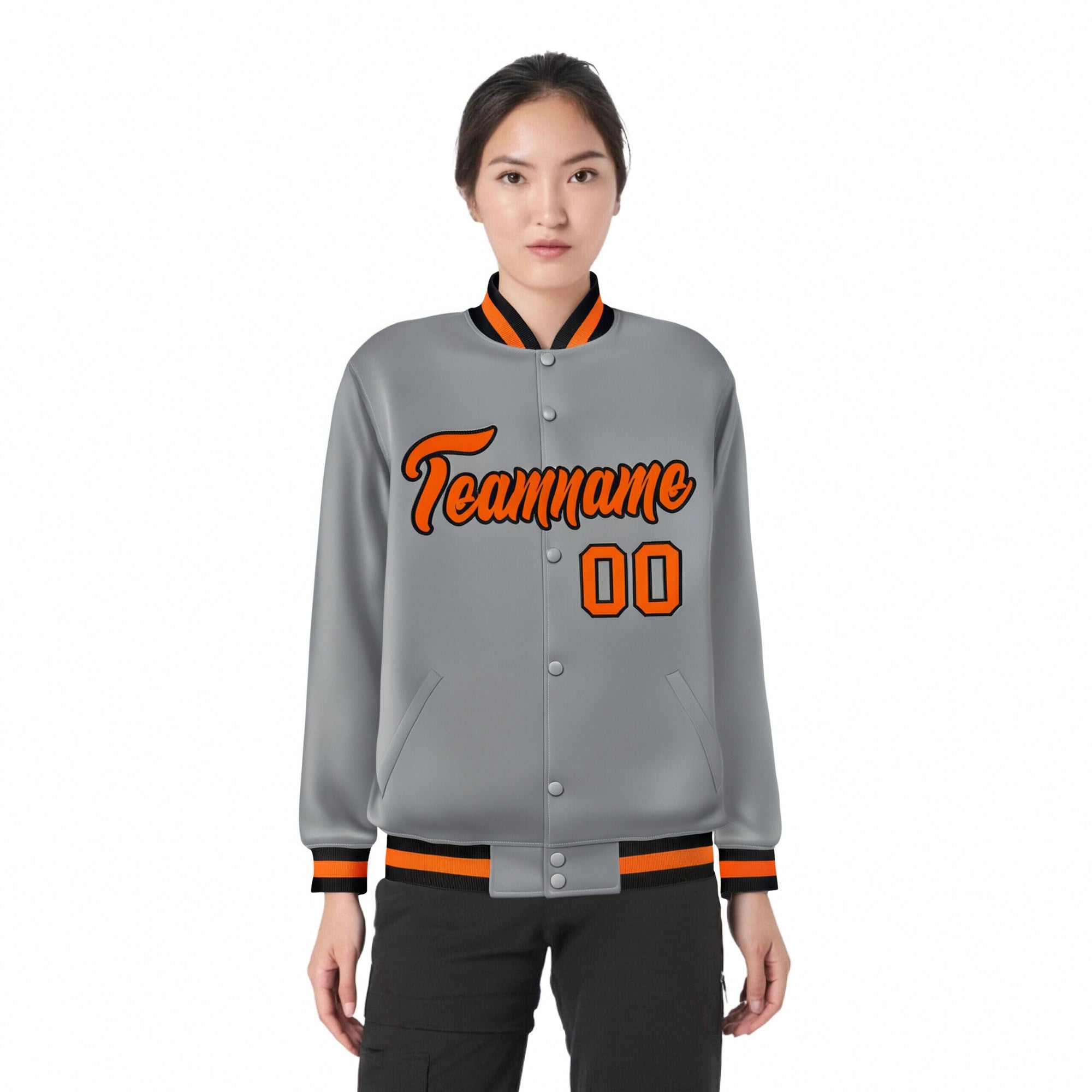 Custom Gray Orange-Black Bomber Full-Snap Varsity Letterman Jacket