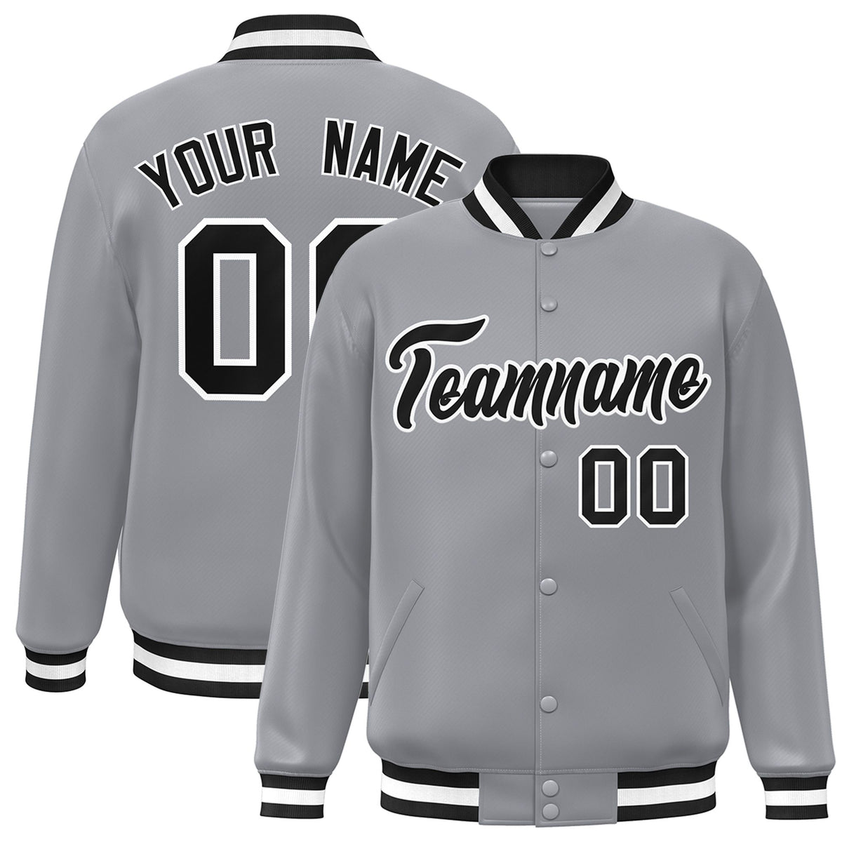 Custom Gray Black-White Bomber Full-Snap Varsity Letterman Jacket