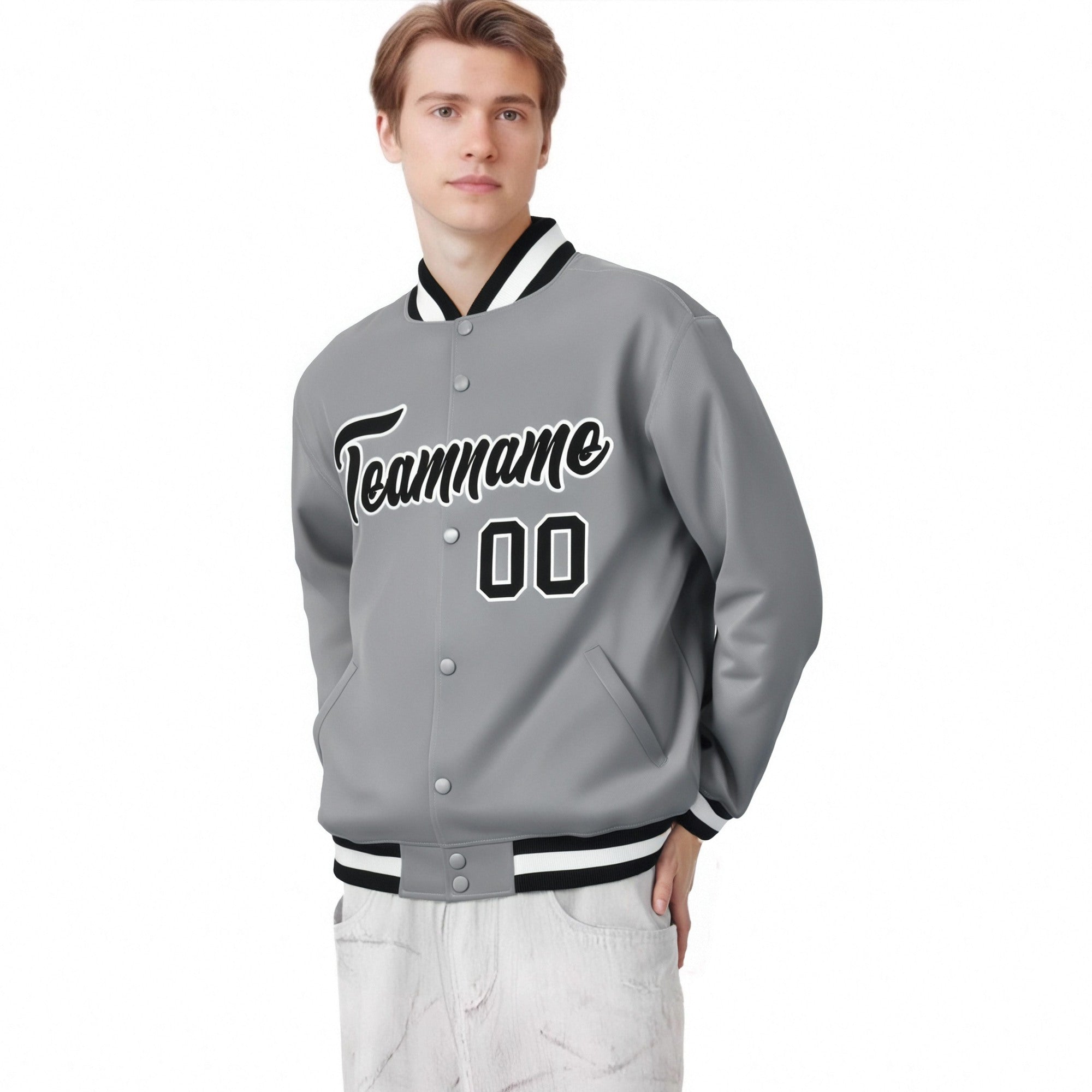 Custom Gray Black-White Bomber Full-Snap Varsity Letterman Jacket