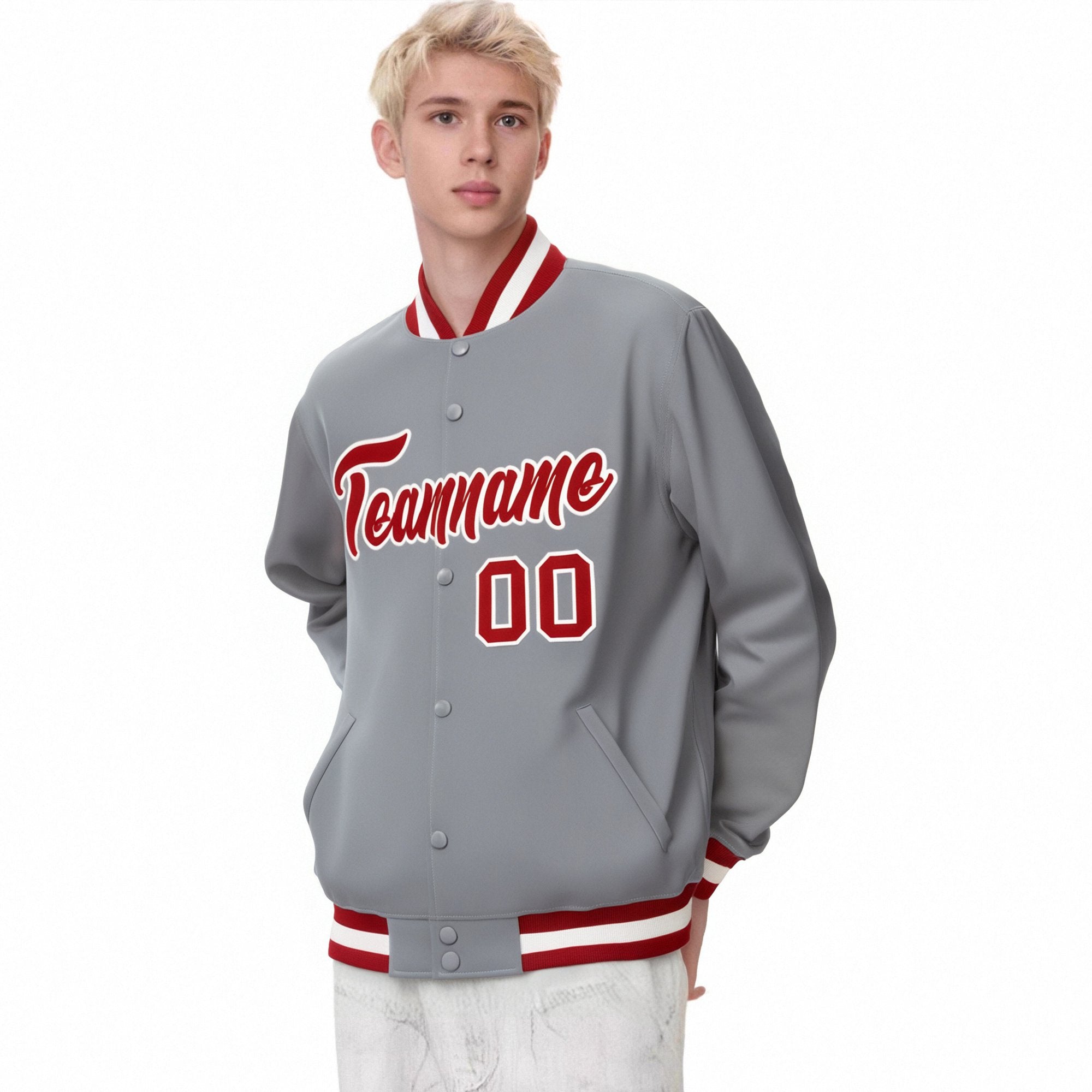 Custom Gray Red-White Bomber Full-Snap Varsity Letterman Jacket