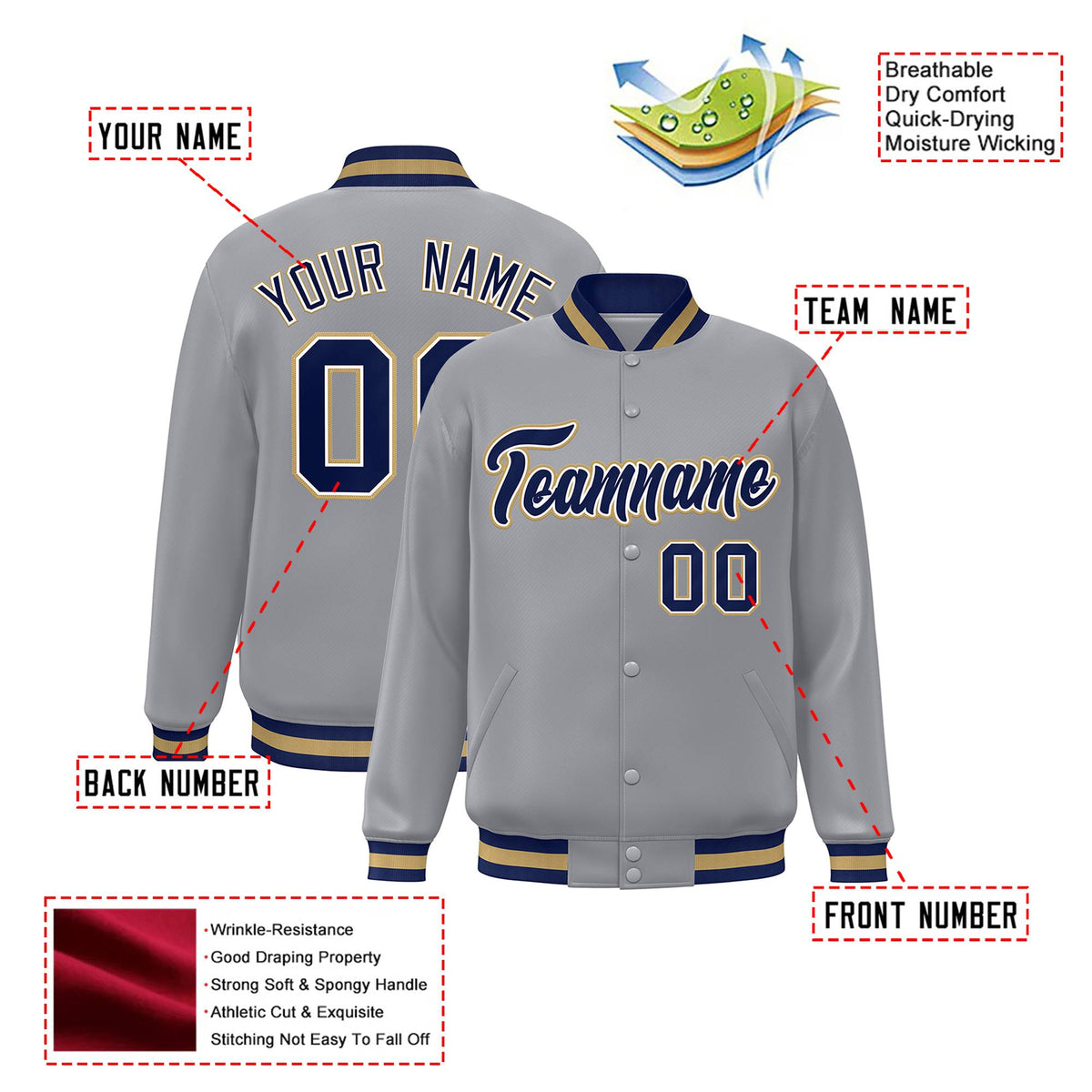 Custom Gray Navy Old-Gold Bomber Full-Snap Varsity Letterman Jacket