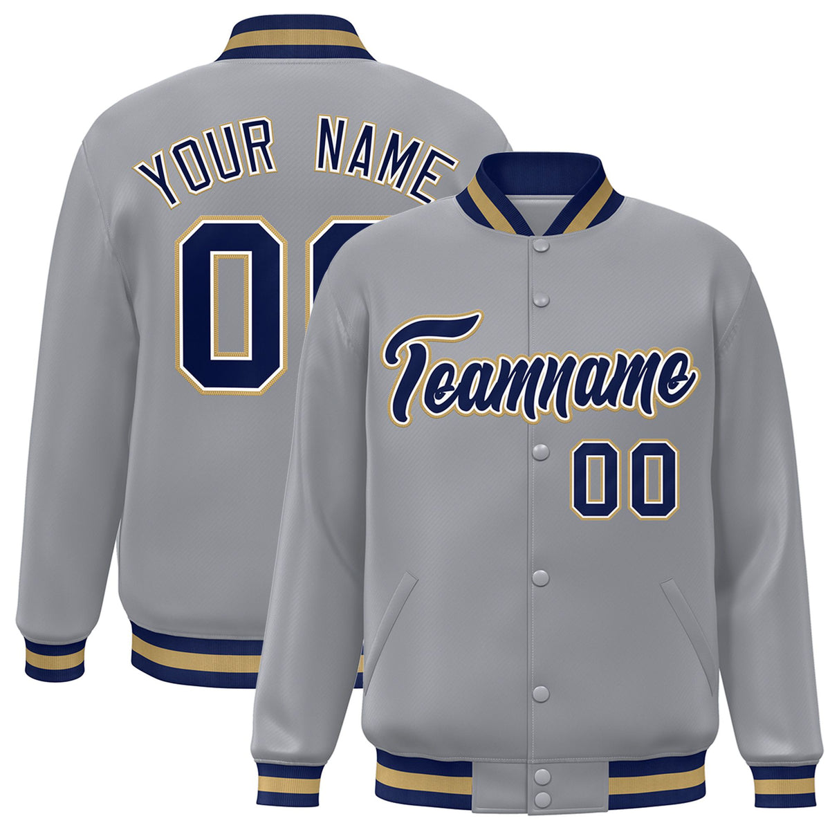 Custom Gray Navy Old-Gold Bomber Full-Snap Varsity Letterman Jacket