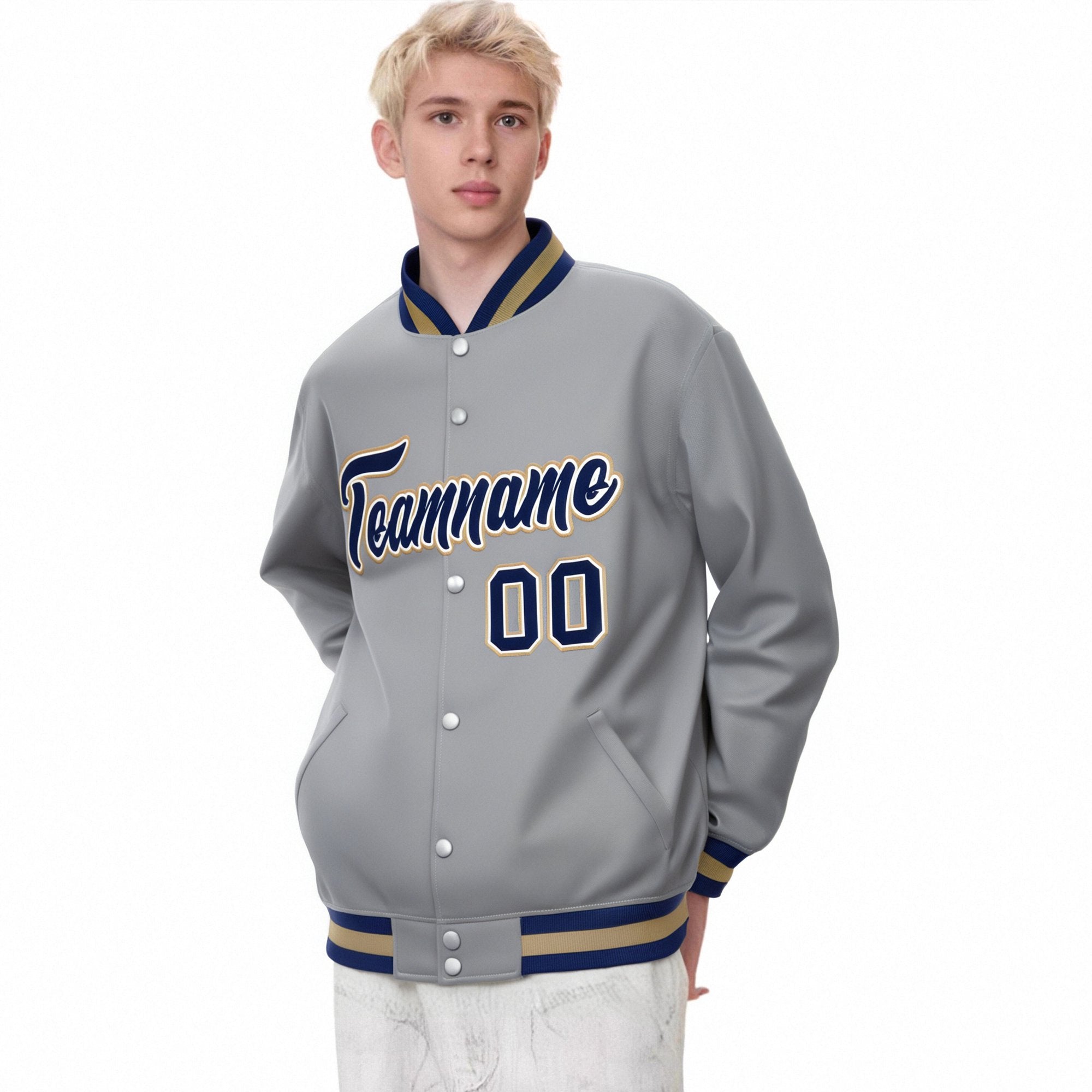 Custom Gray Navy Old-Gold Bomber Full-Snap Varsity Letterman Jacket