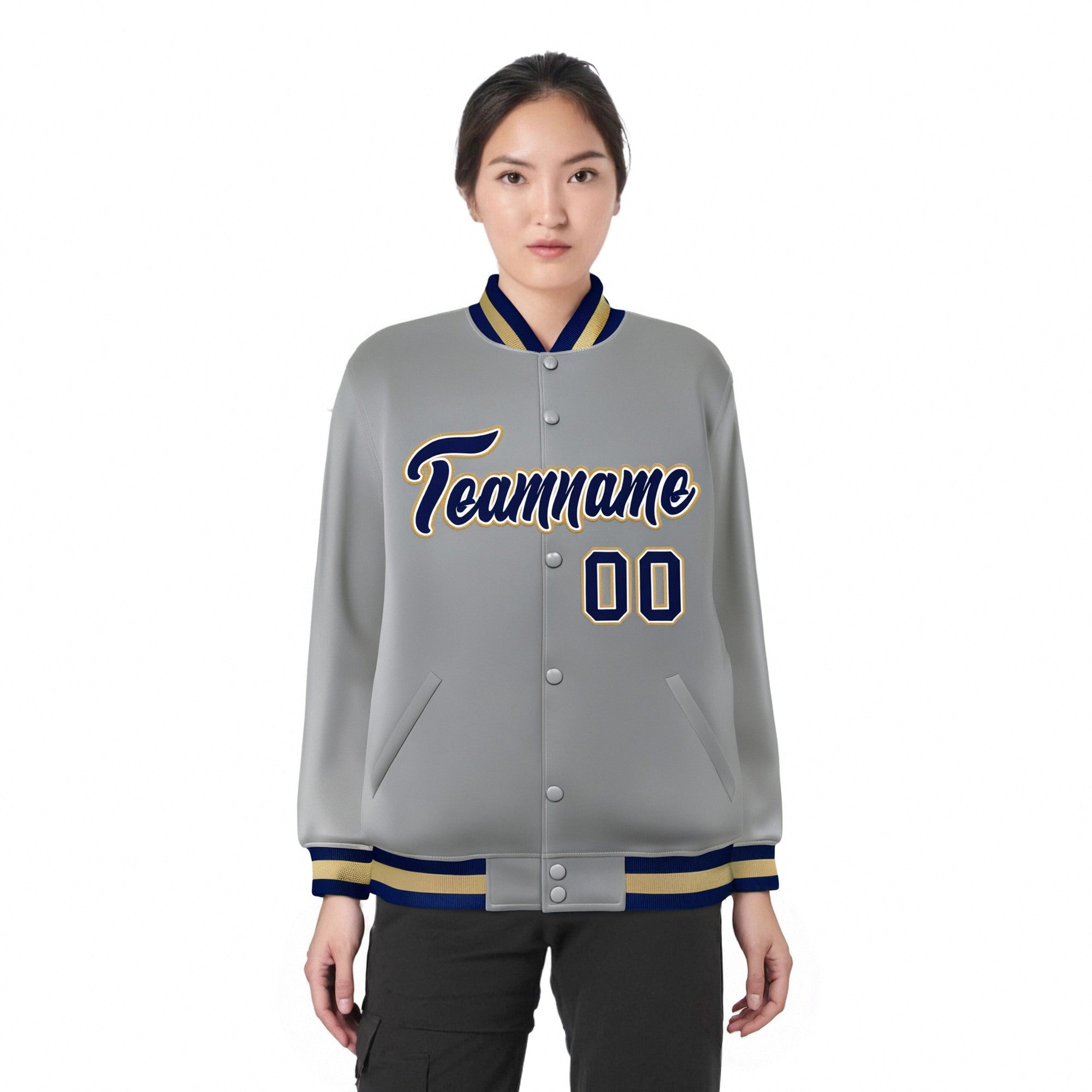 Custom Gray Navy Old-Gold Bomber Full-Snap Varsity Letterman Jacket