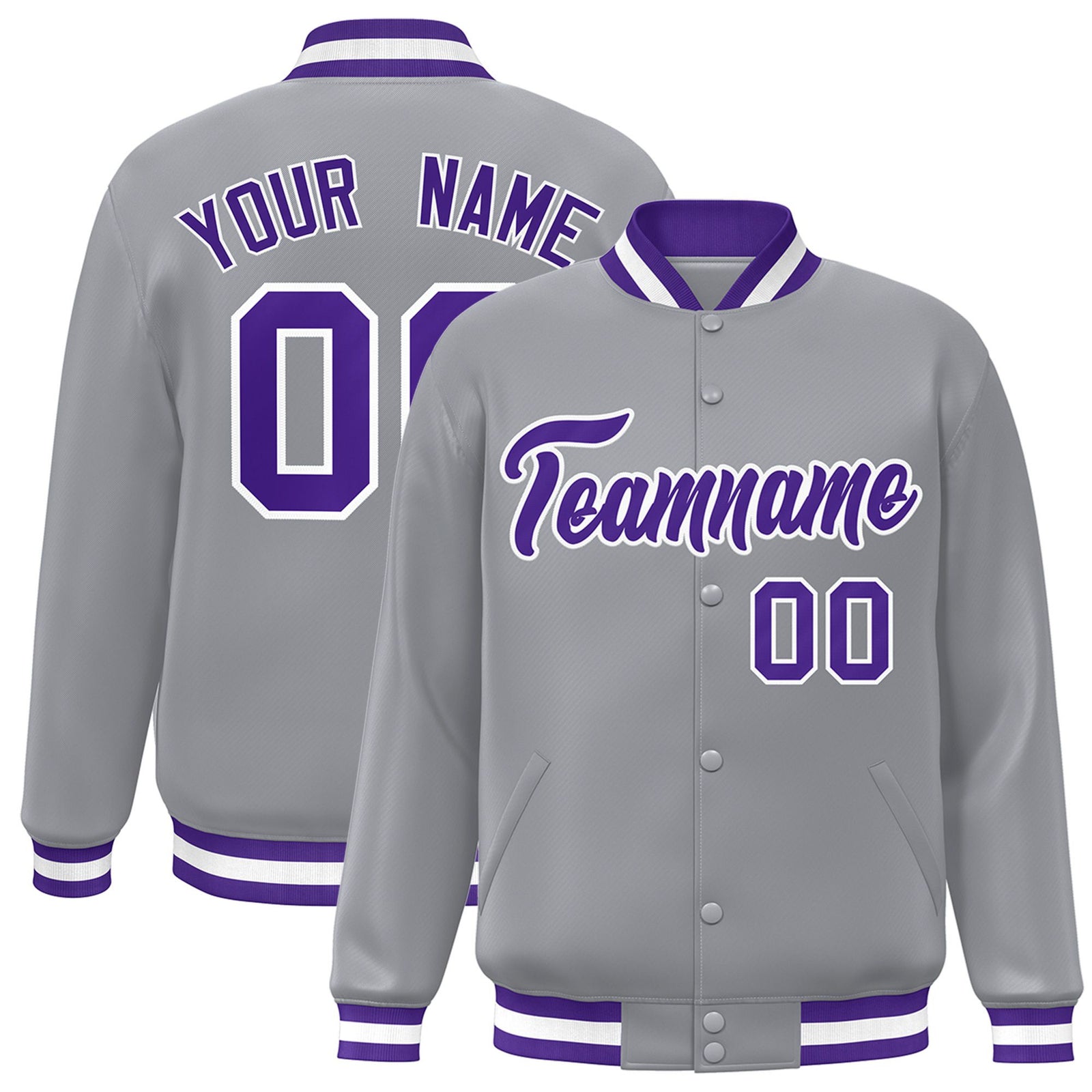 Custom Gray Purple-White Bomber Full-Snap Varsity Letterman Jacket