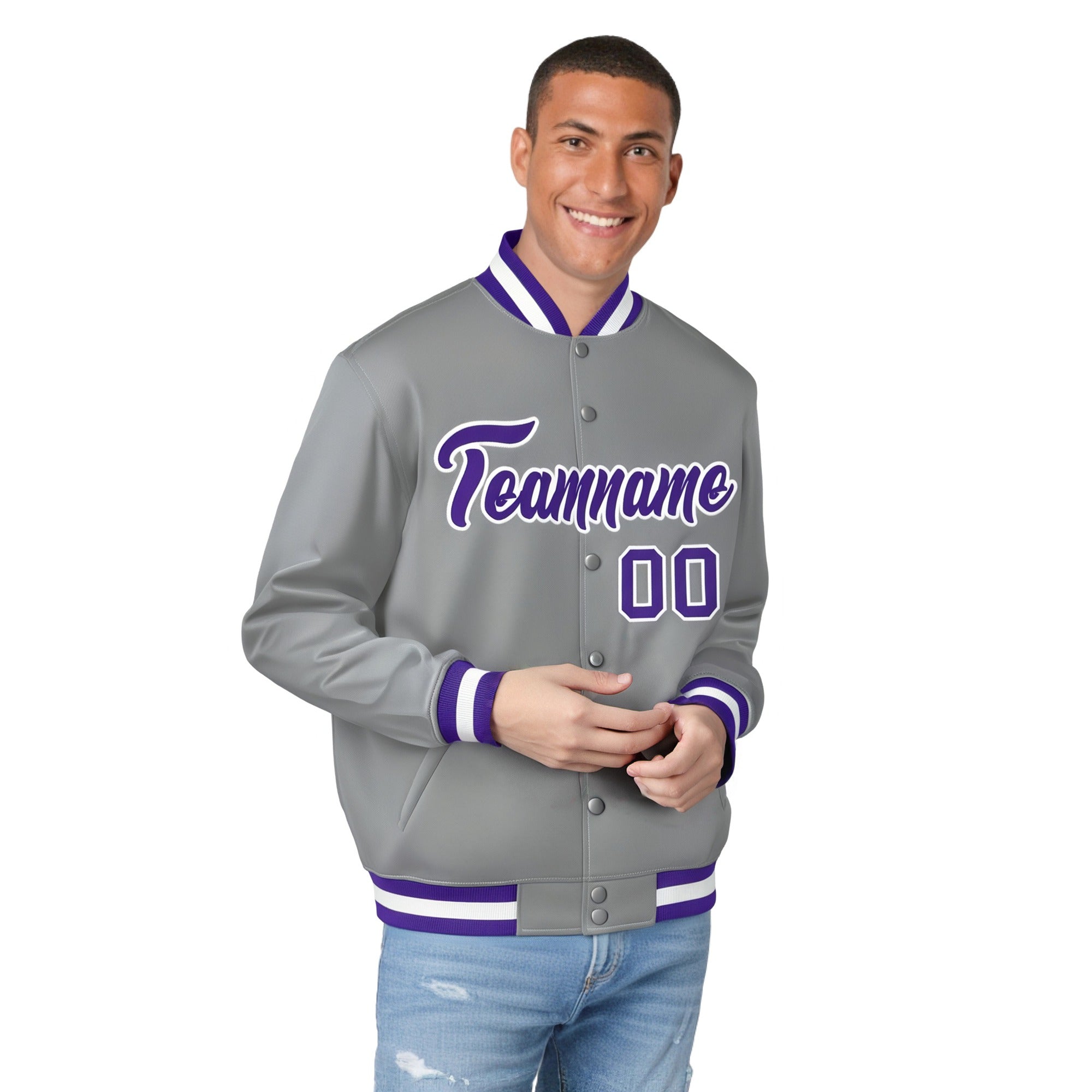 Custom Gray Purple-White Bomber Full-Snap Varsity Letterman Jacket