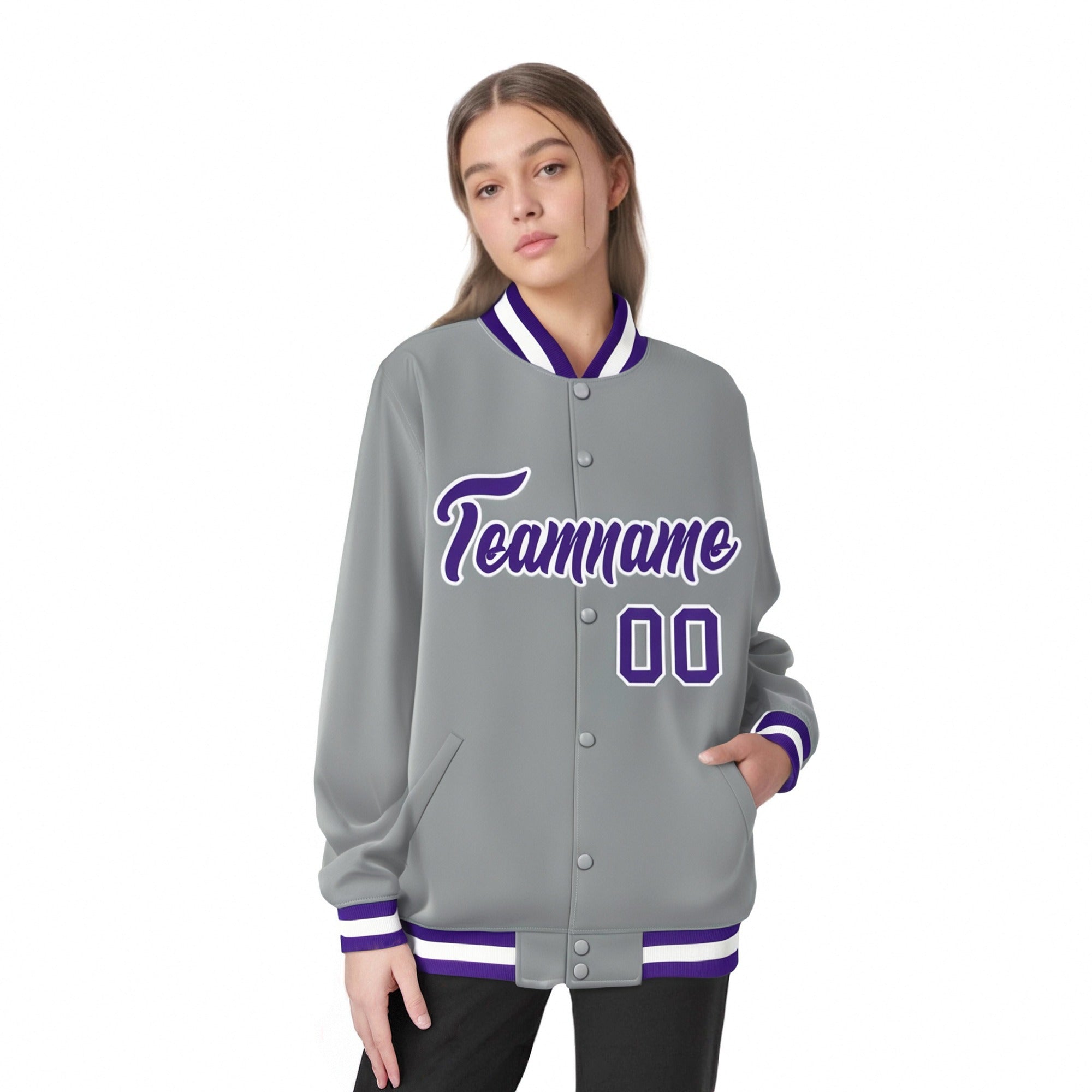 Custom Gray Purple-White Bomber Full-Snap Varsity Letterman Jacket