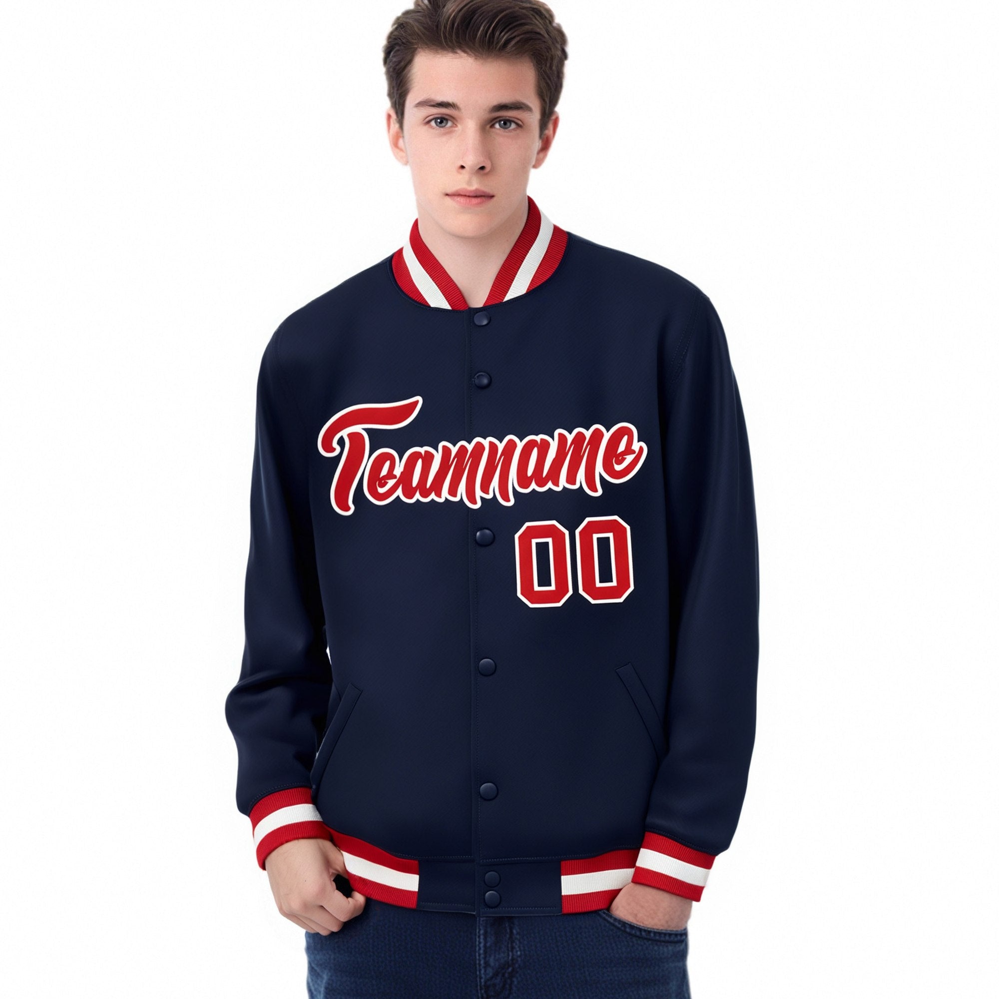 Custom Navy Red-White Bomber Full-Snap Varsity Letterman Jacket