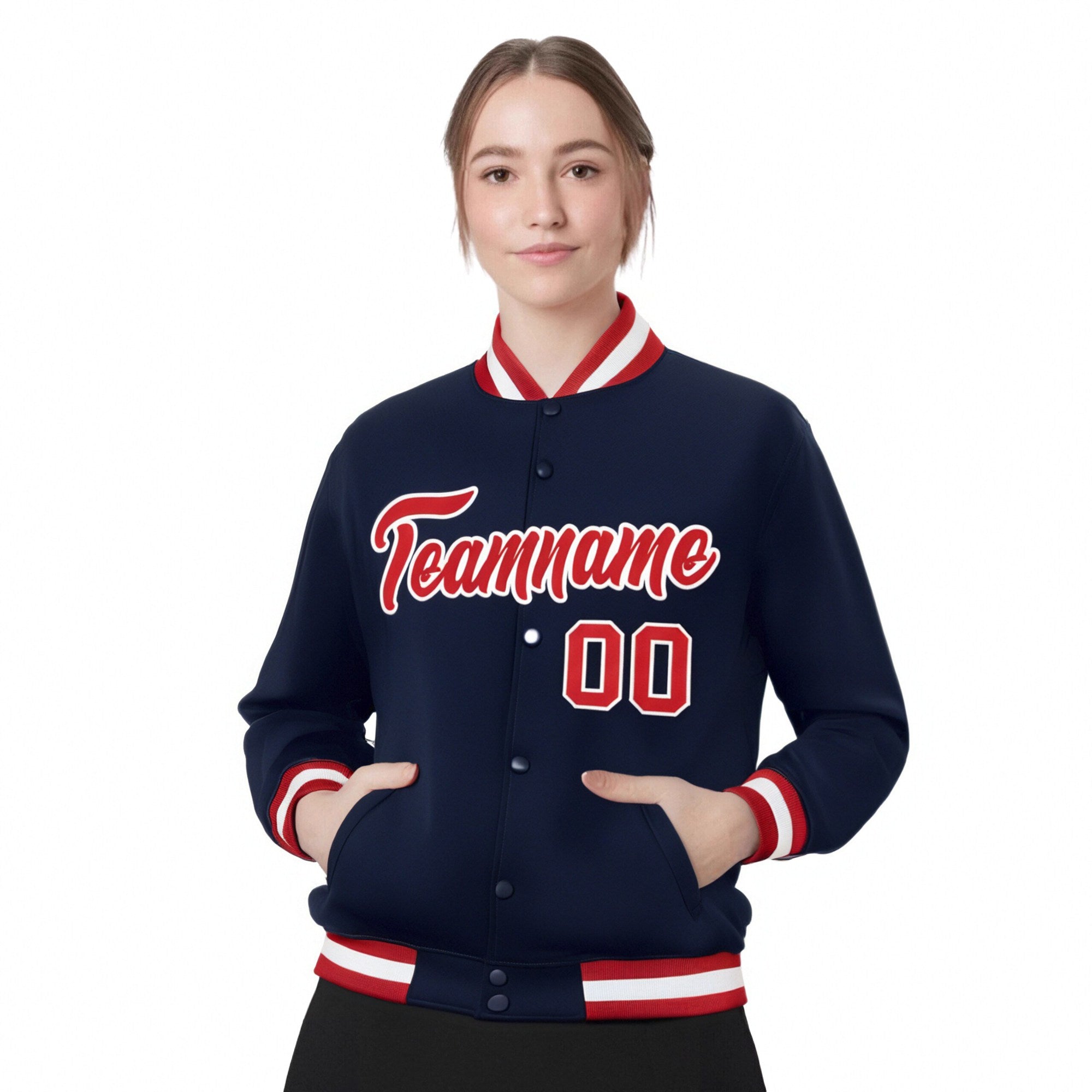 Custom Navy Red-White Bomber Full-Snap Varsity Letterman Jacket