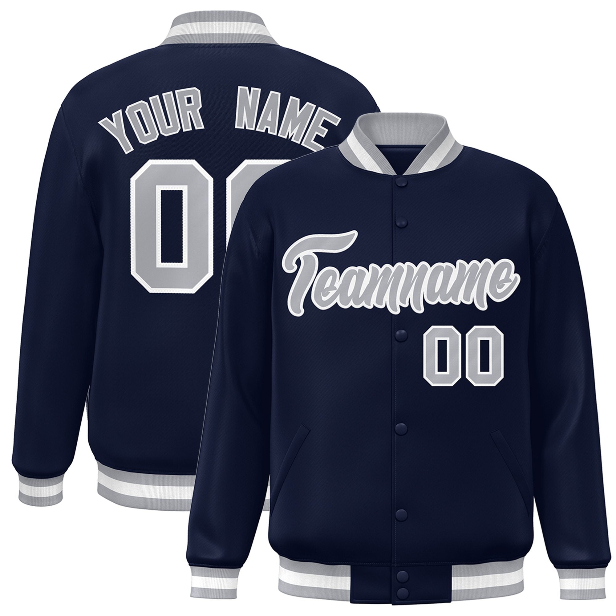 Custom Navy Gray-White Bomber Full-Snap Varsity Letterman Jacket