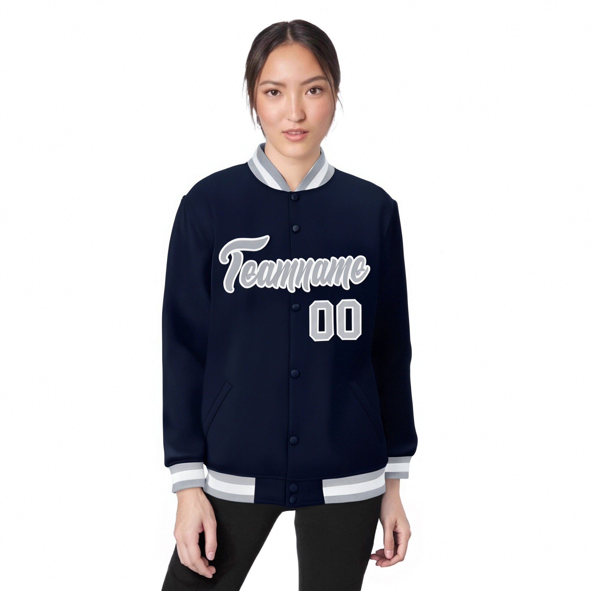 Custom Navy Gray-White Bomber Full-Snap Varsity Letterman Jacket