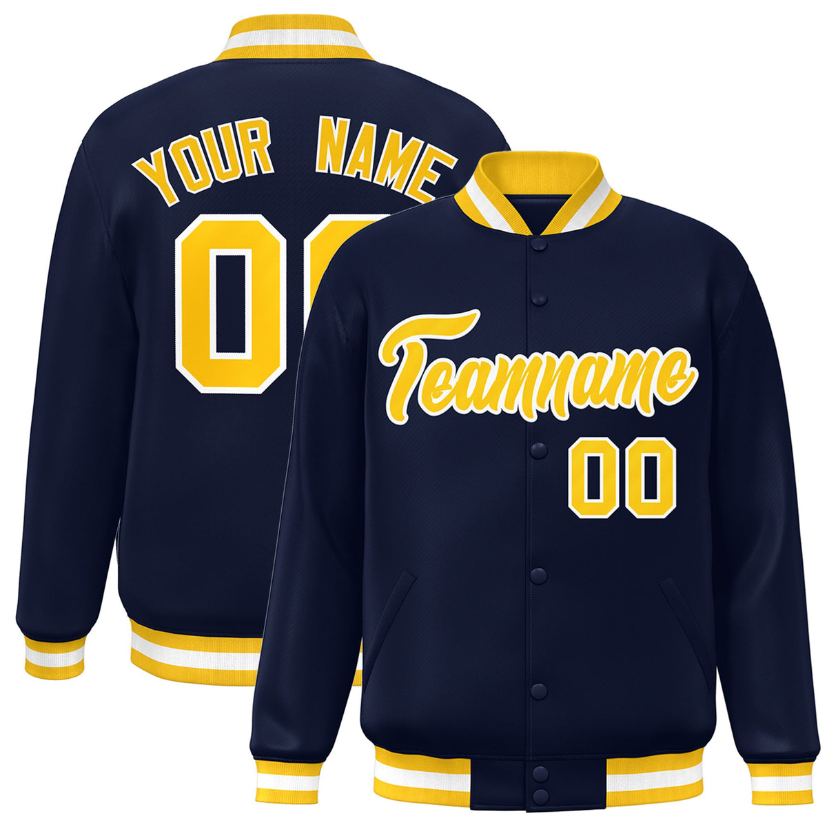Custom Navy Yellow-White Bomber Full-Snap Varsity Letterman Jacket