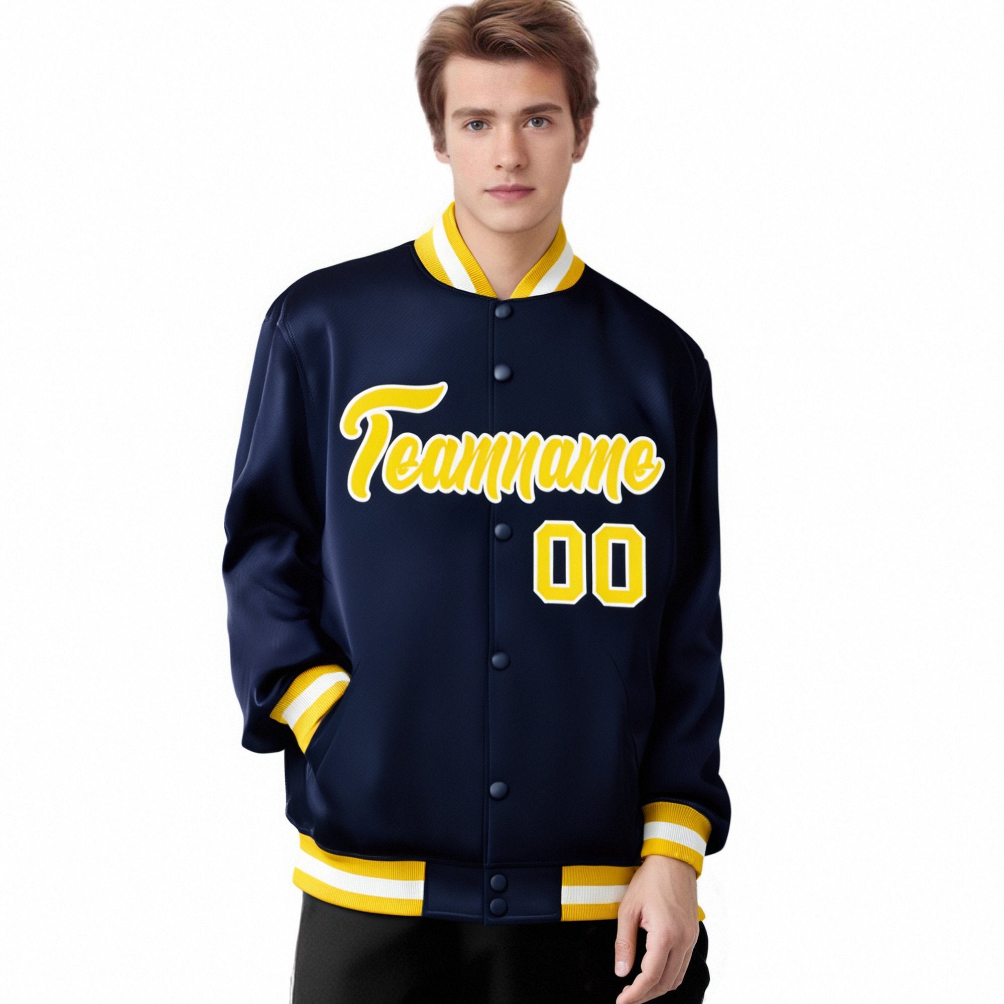 Custom Navy Yellow-White Bomber Full-Snap Varsity Letterman Jacket