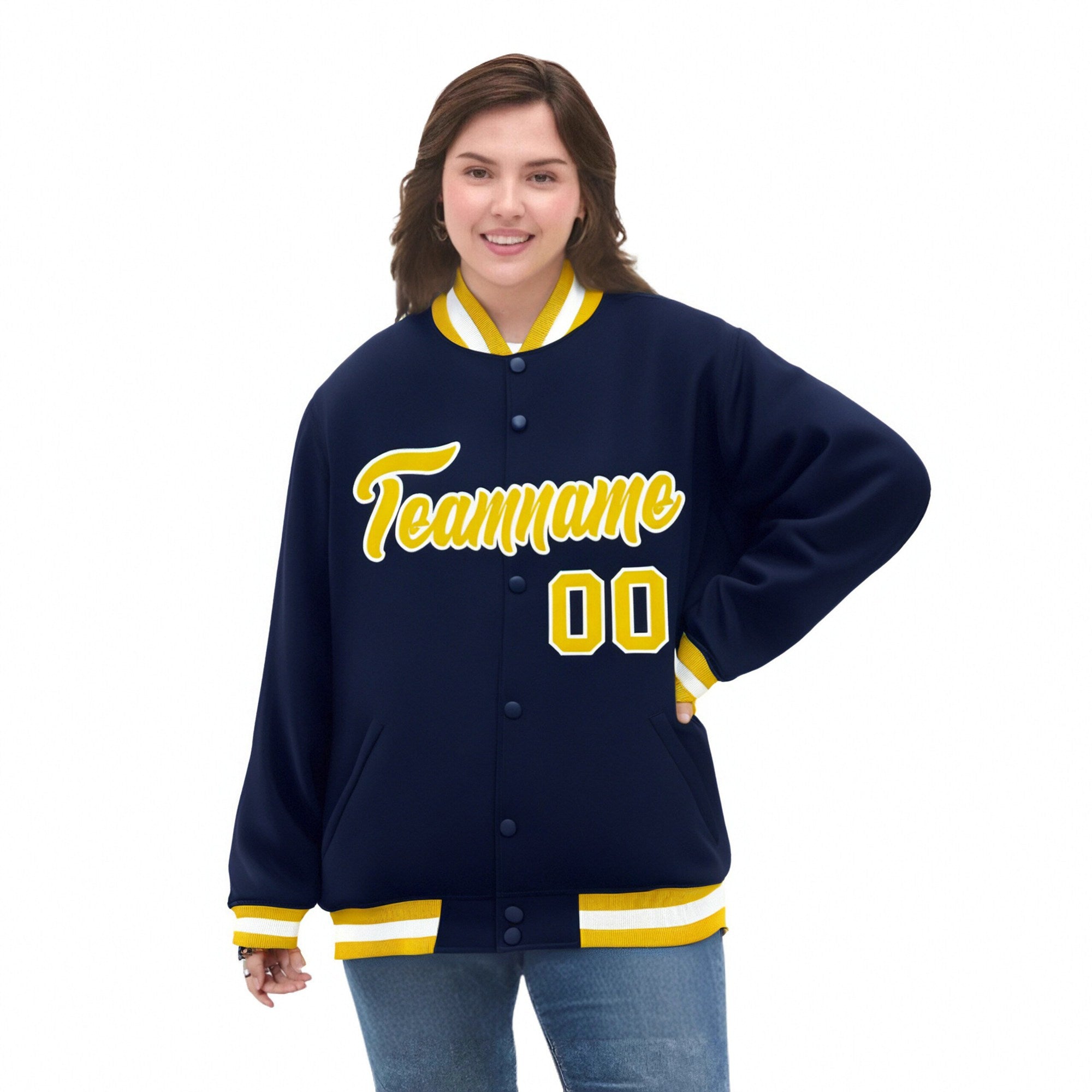 Custom Navy Yellow-White Bomber Full-Snap Varsity Letterman Jacket