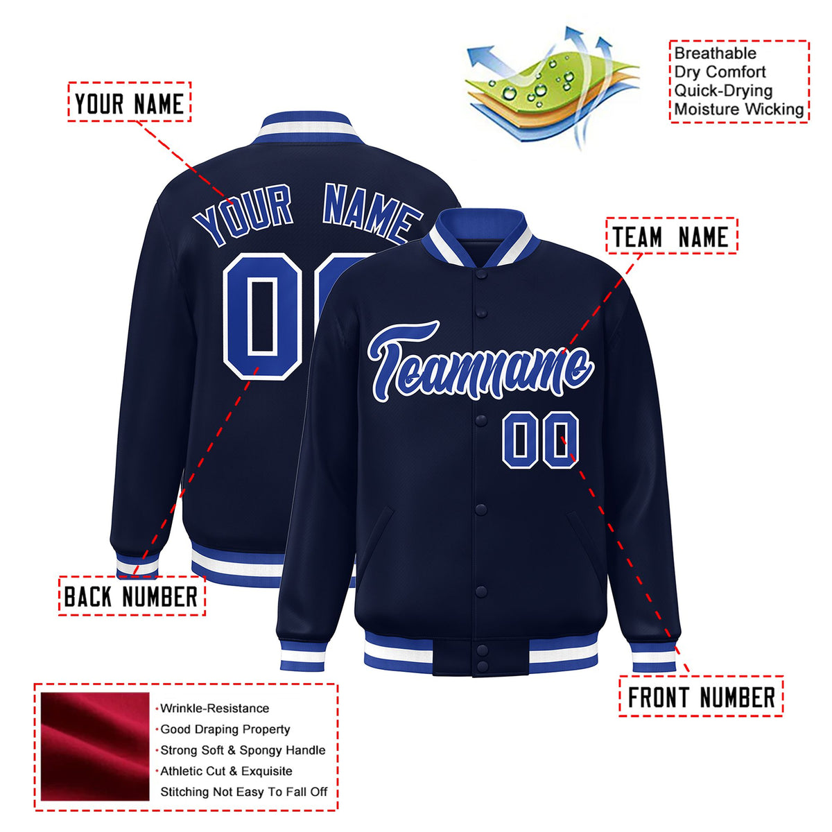 Custom Navy Royal-Blue White Bomber Full-Snap Varsity Letterman Jacket