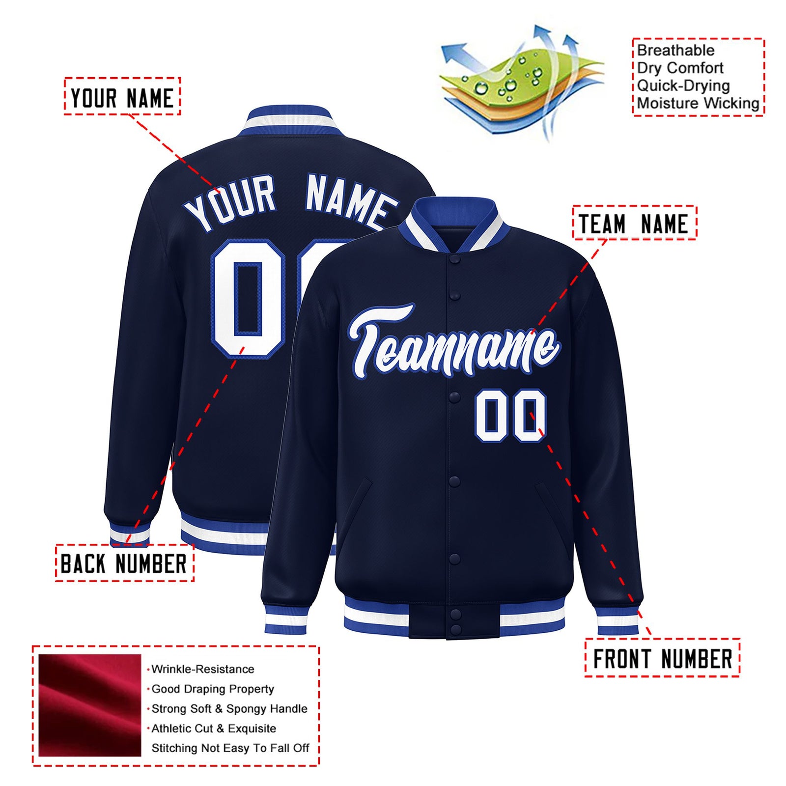Custom Navy White Royal-Blue Bomber Full-Snap Varsity Letterman Jacket