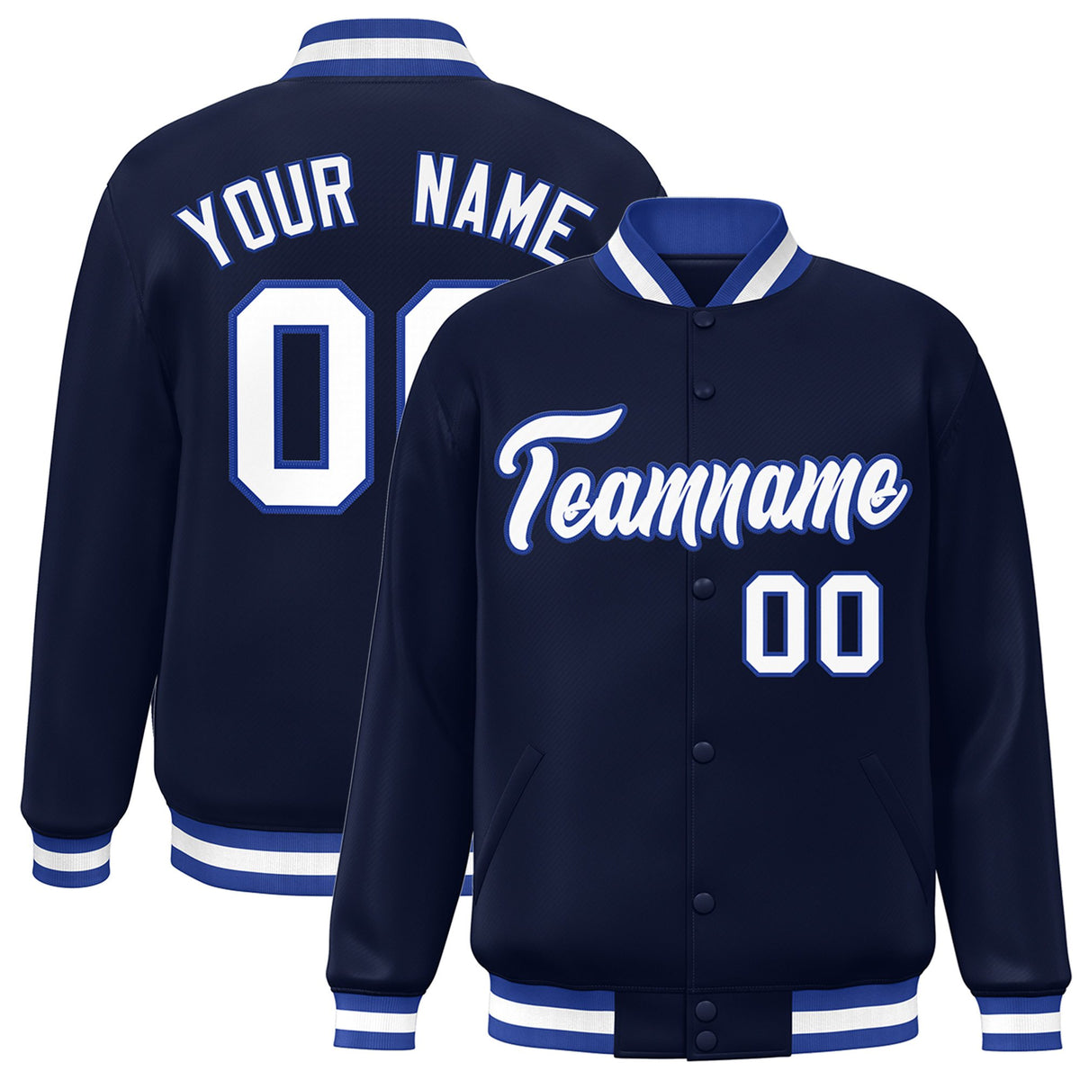 Custom Navy White Royal-Blue Bomber Full-Snap Varsity Letterman Jacket
