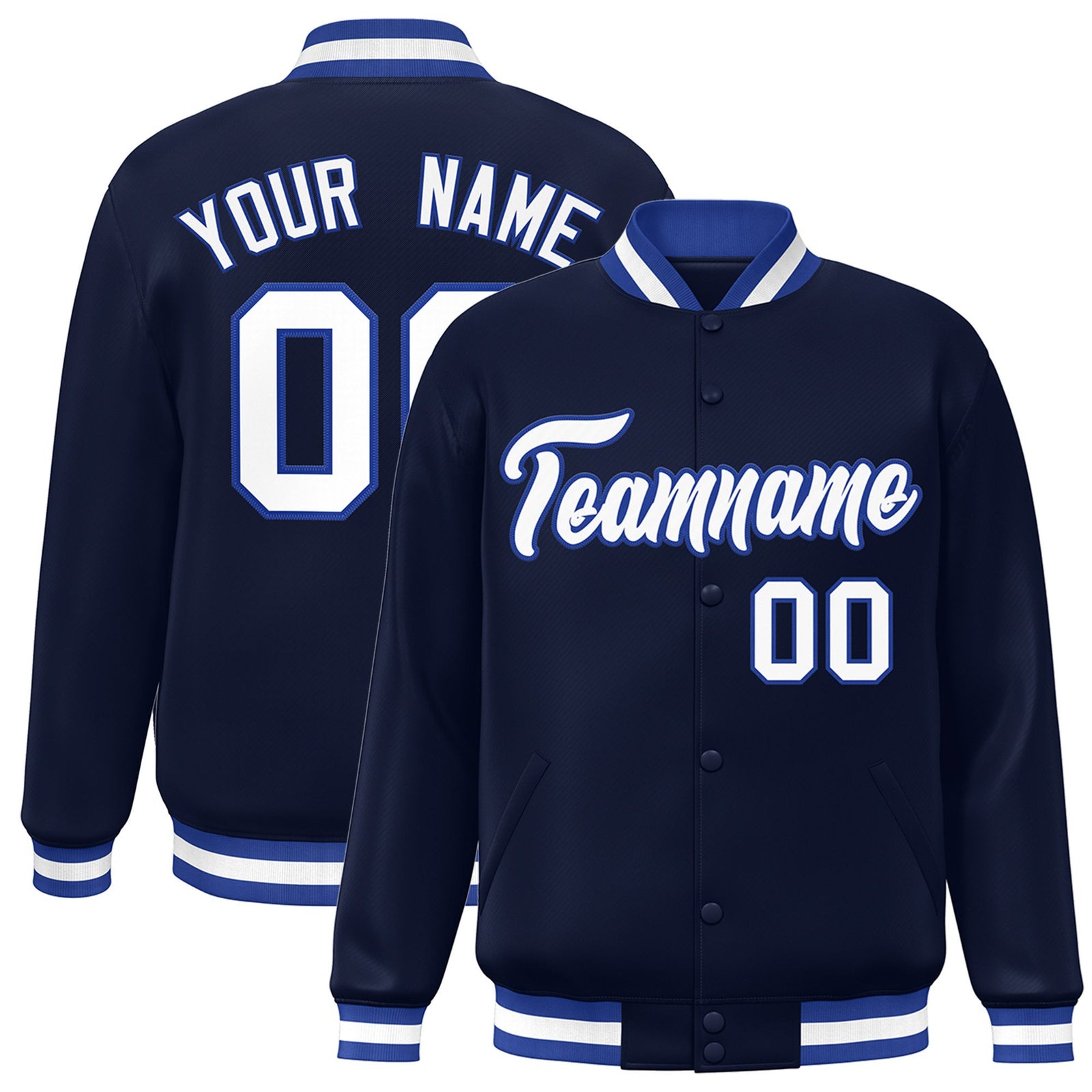 Custom Navy White Royal-Blue Bomber Full-Snap Varsity Letterman Jacket