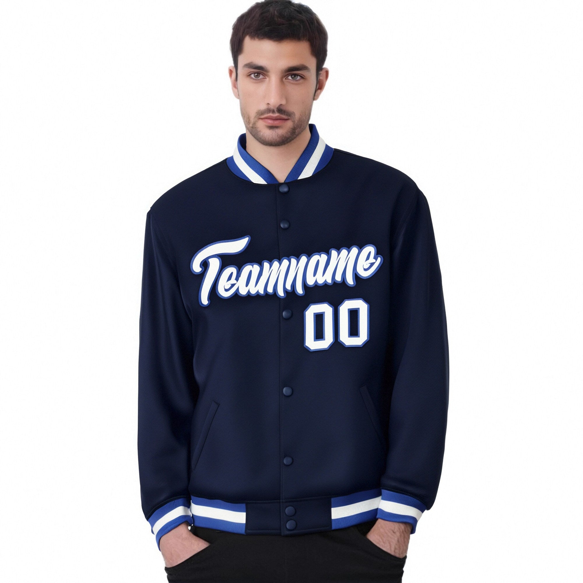 Custom Navy White Royal-Blue Bomber Full-Snap Varsity Letterman Jacket