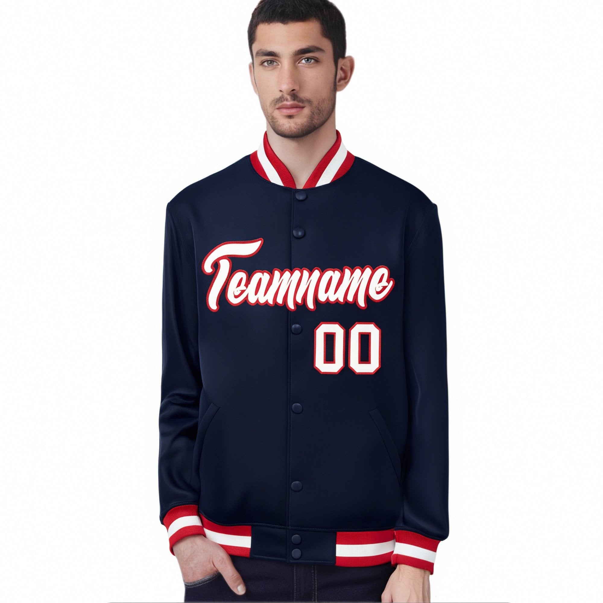 Custom Navy White Red Bomber Full-Snap Varsity Letterman Jacket