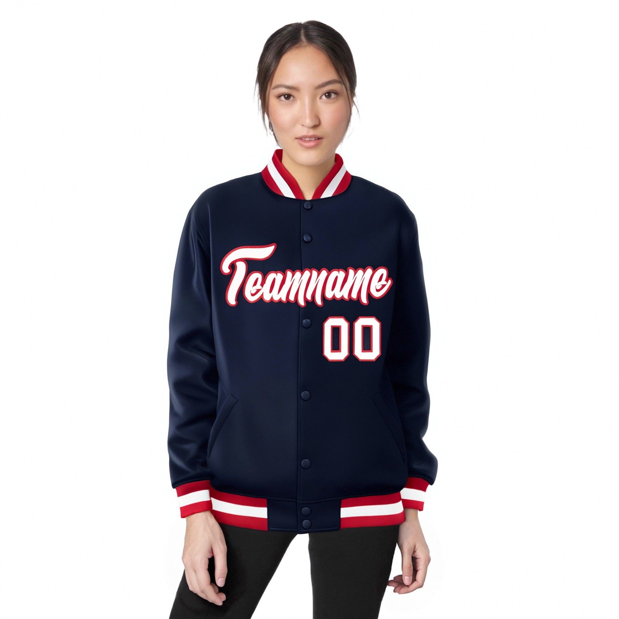 Custom Navy White Red Bomber Full-Snap Varsity Letterman Jacket