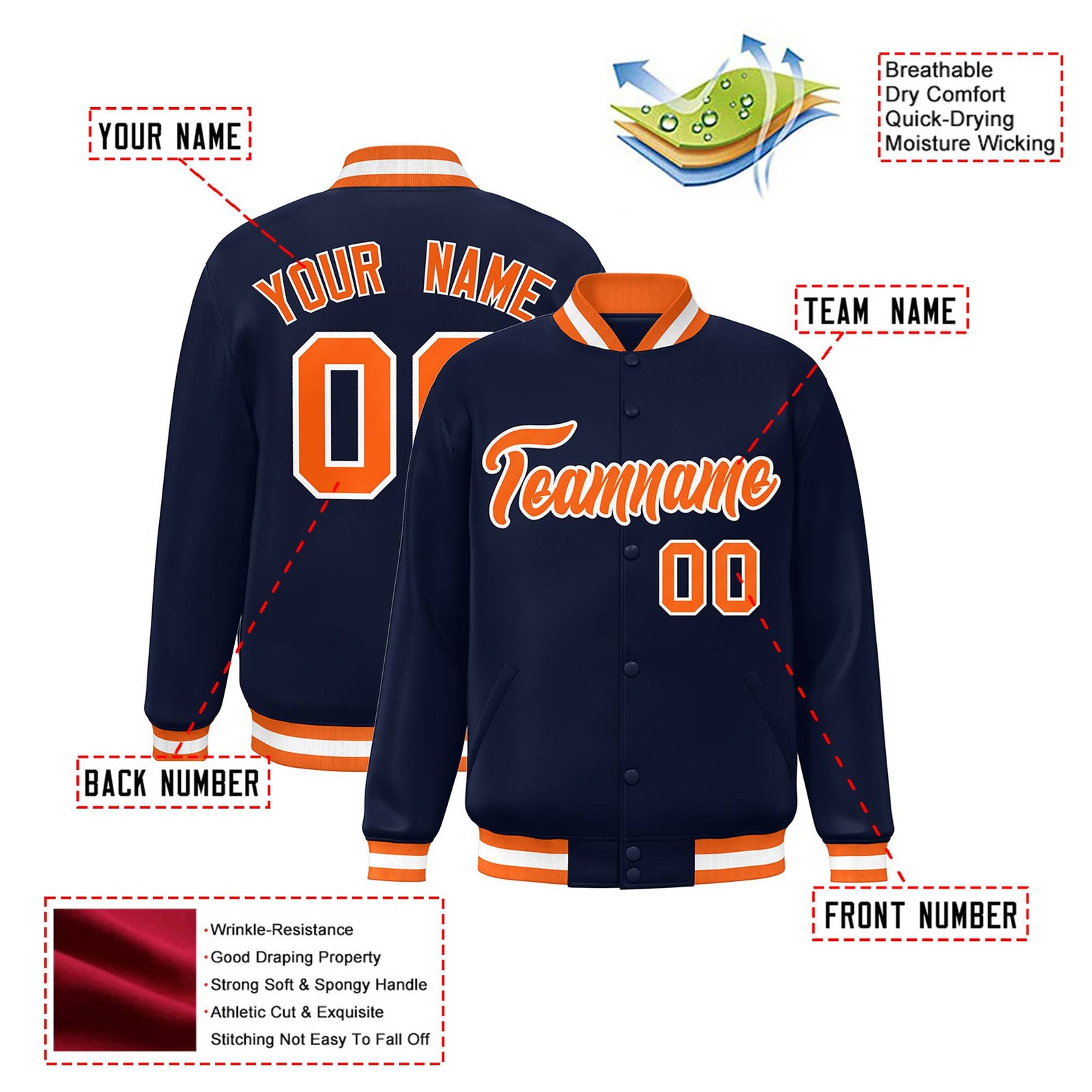 Custom Navy Orange-White Bomber Full-Snap Varsity Letterman Jacket