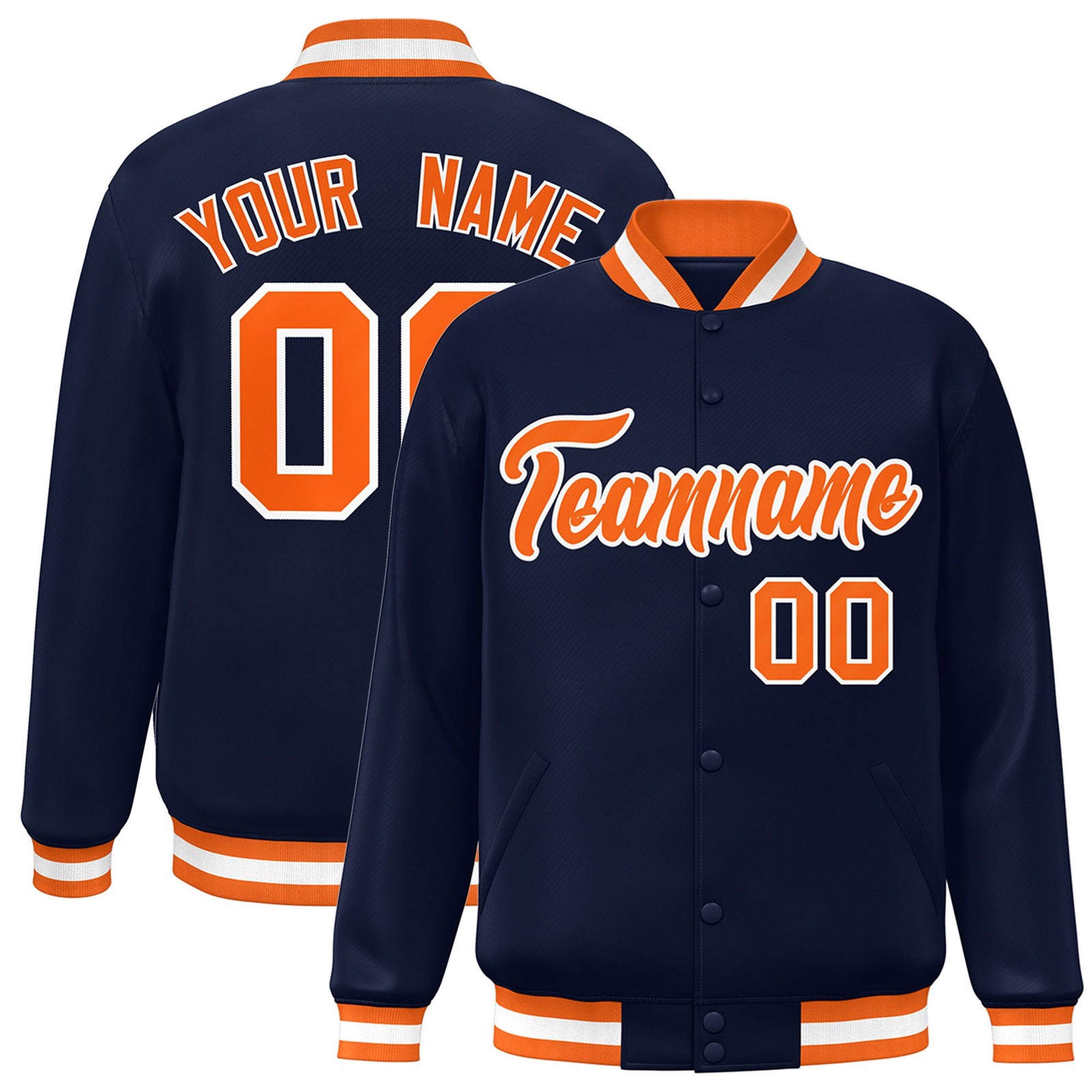 Custom Navy Orange-White Bomber Full-Snap Varsity Letterman Jacket