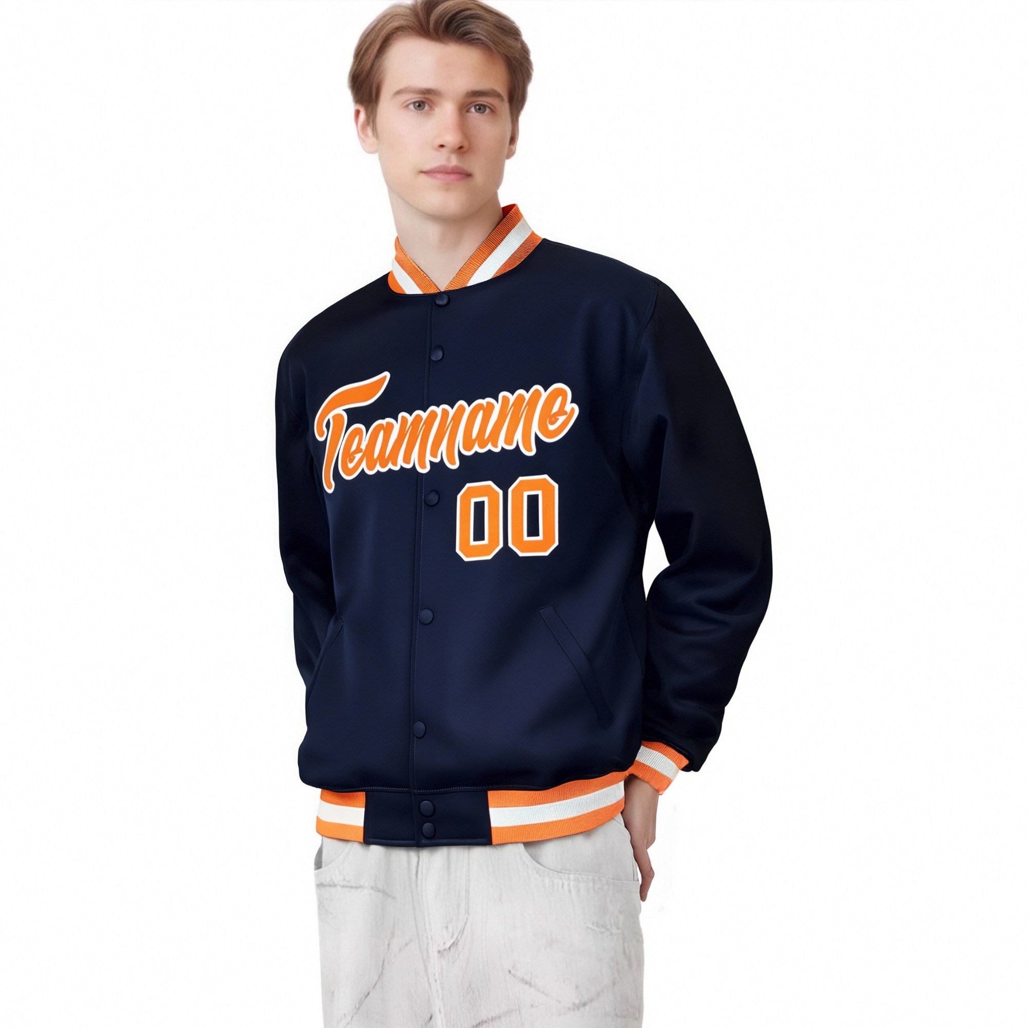 Custom Navy Orange-White Bomber Full-Snap Varsity Letterman Jacket