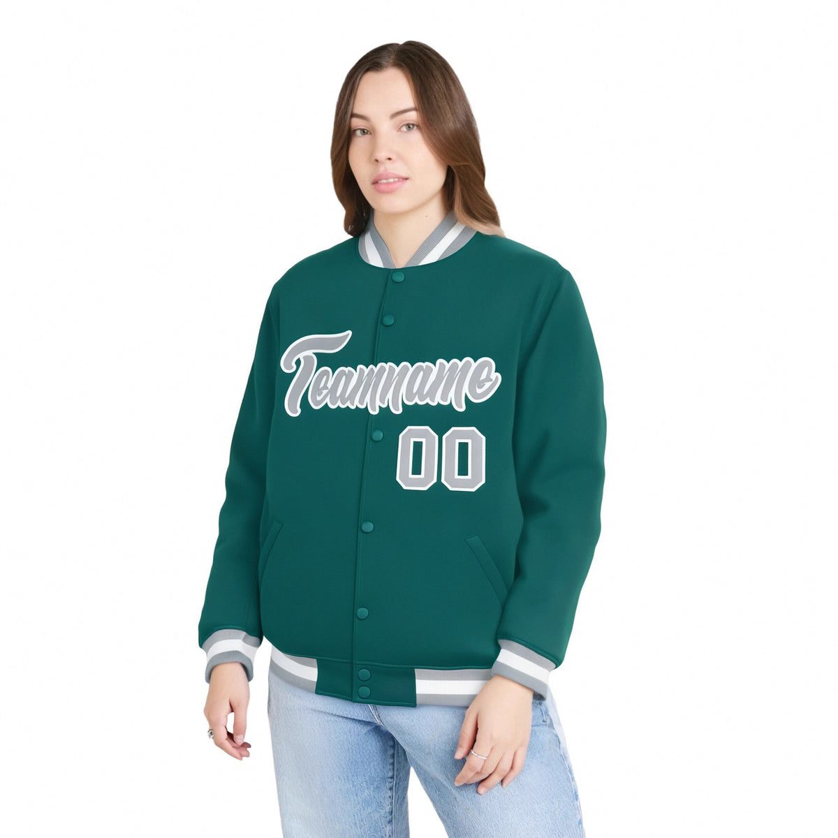 Custom Aqua Gray-White Bomber Full-Snap Varsity Letterman Jacket