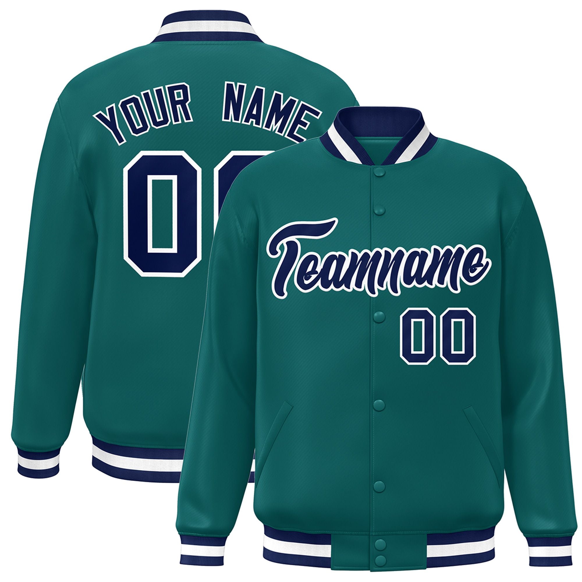 Custom Aqua Navy-White Bomber Full-Snap Varsity Letterman Jacket