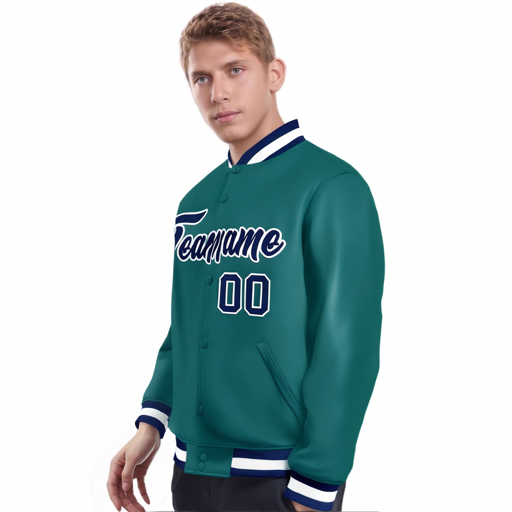 Custom Aqua Navy-White Bomber Full-Snap Varsity Letterman Jacket