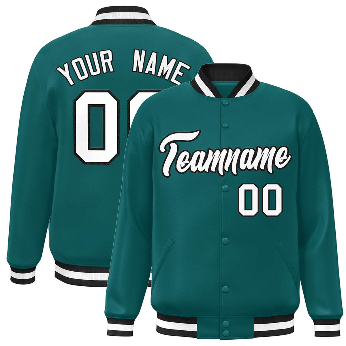 Custom Aqua White-Black Bomber Full-Snap Varsity Letterman Jacket