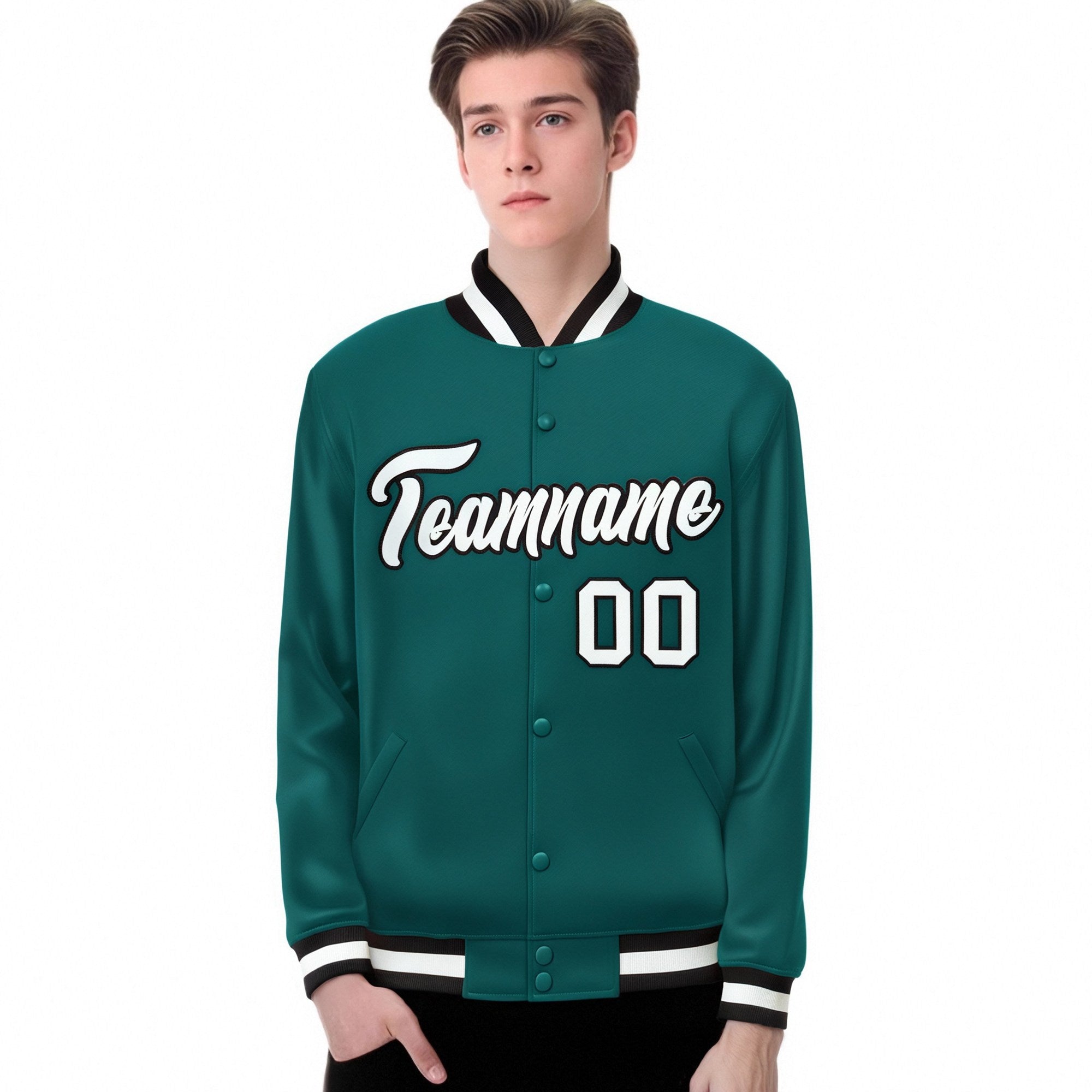 Custom Aqua White-Black Bomber Full-Snap Varsity Letterman Jacket