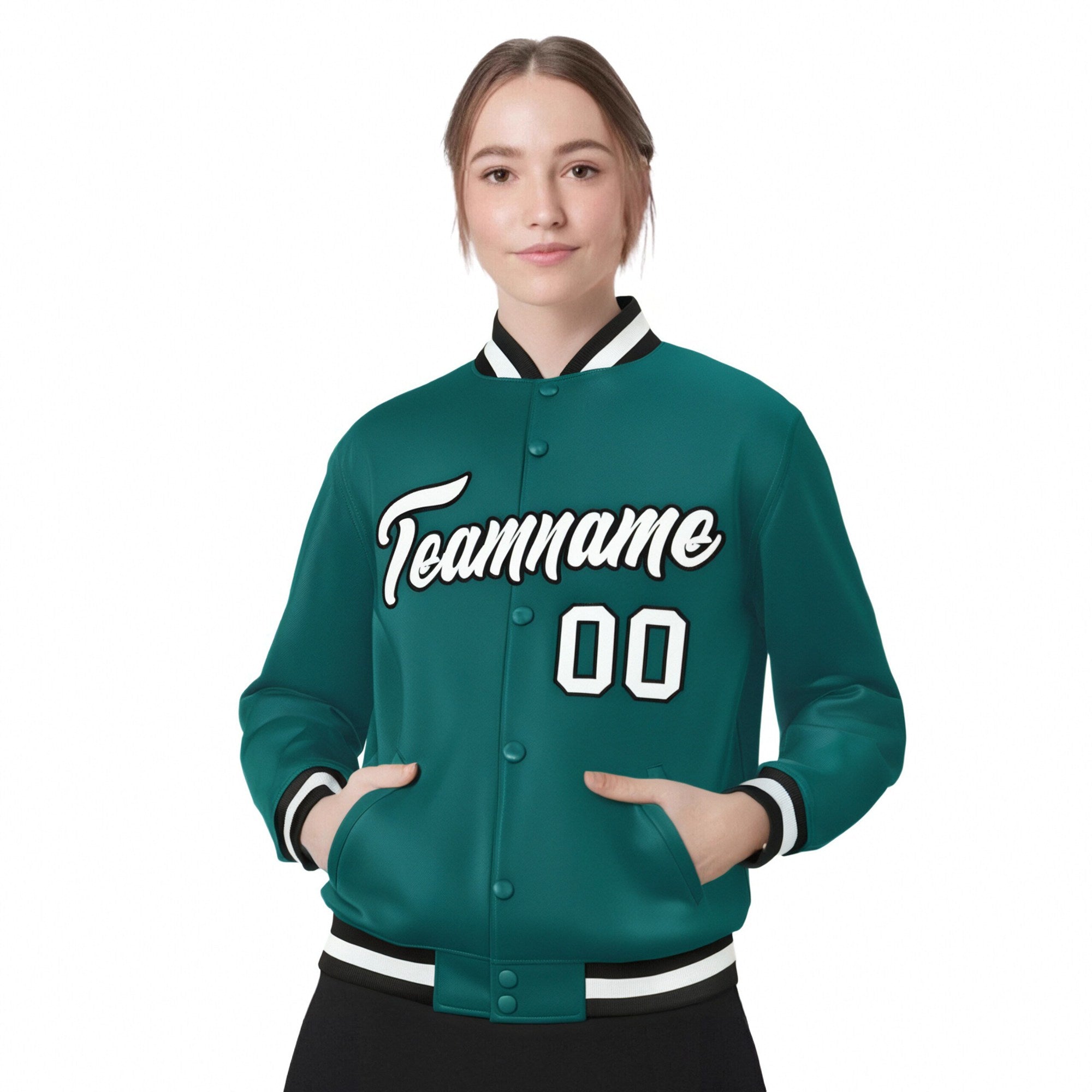 Custom Aqua White-Black Bomber Full-Snap Varsity Letterman Jacket