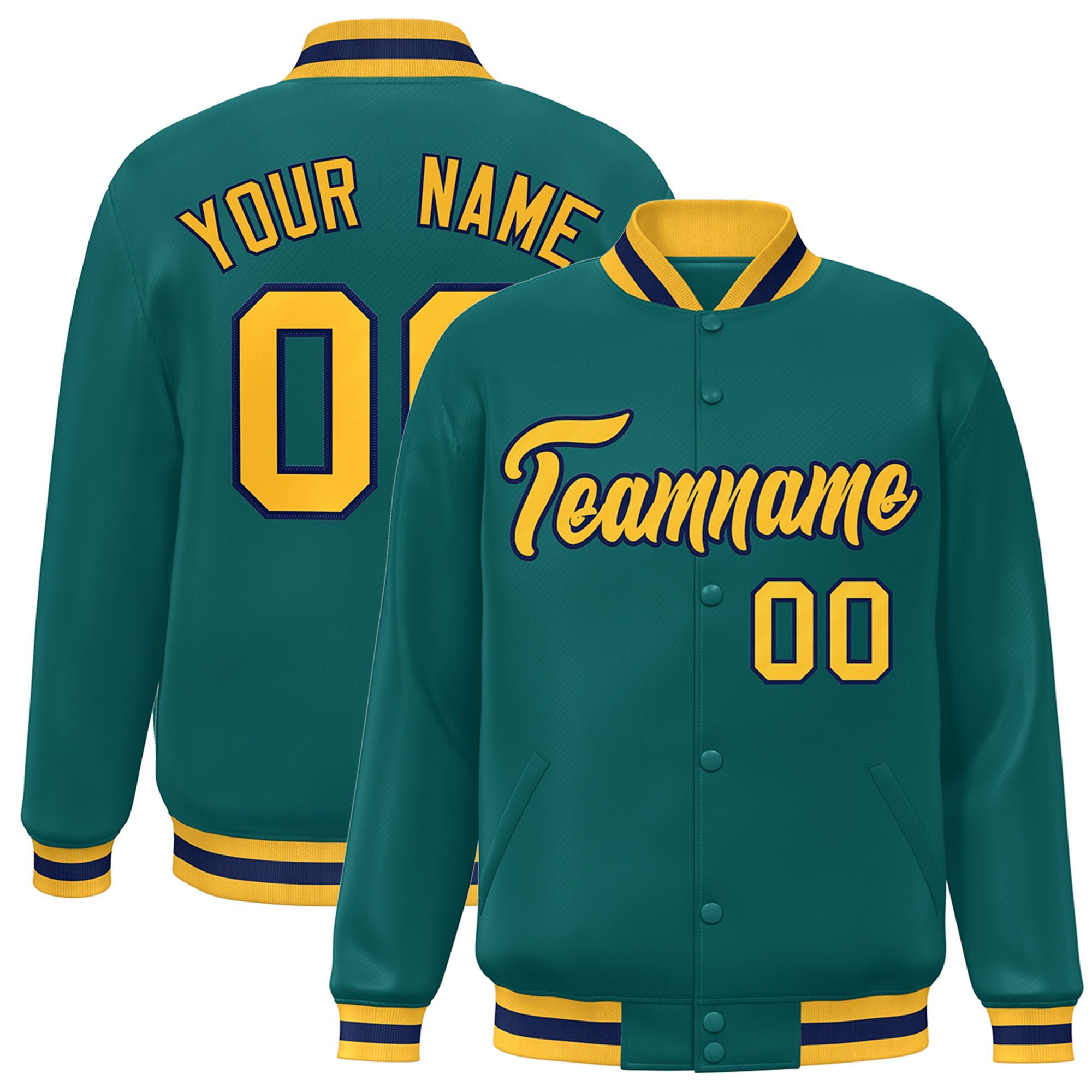 Custom Aqua Gold-Navy Bomber Full-Snap Varsity Letterman Jacket