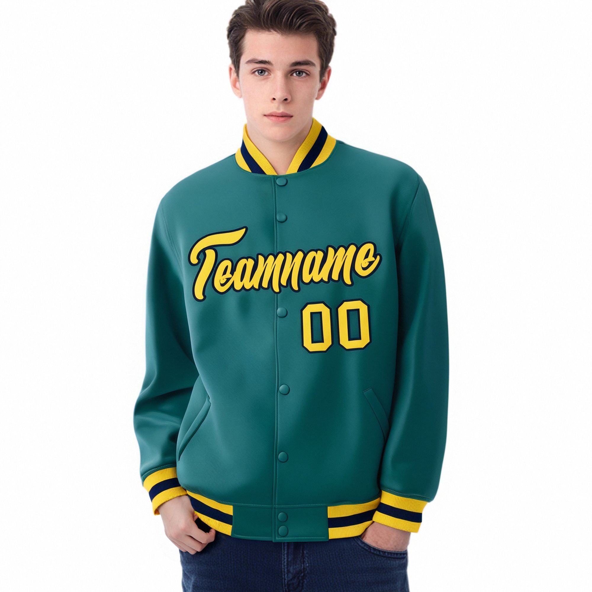 Custom Aqua Gold-Navy Bomber Full-Snap Varsity Letterman Jacket