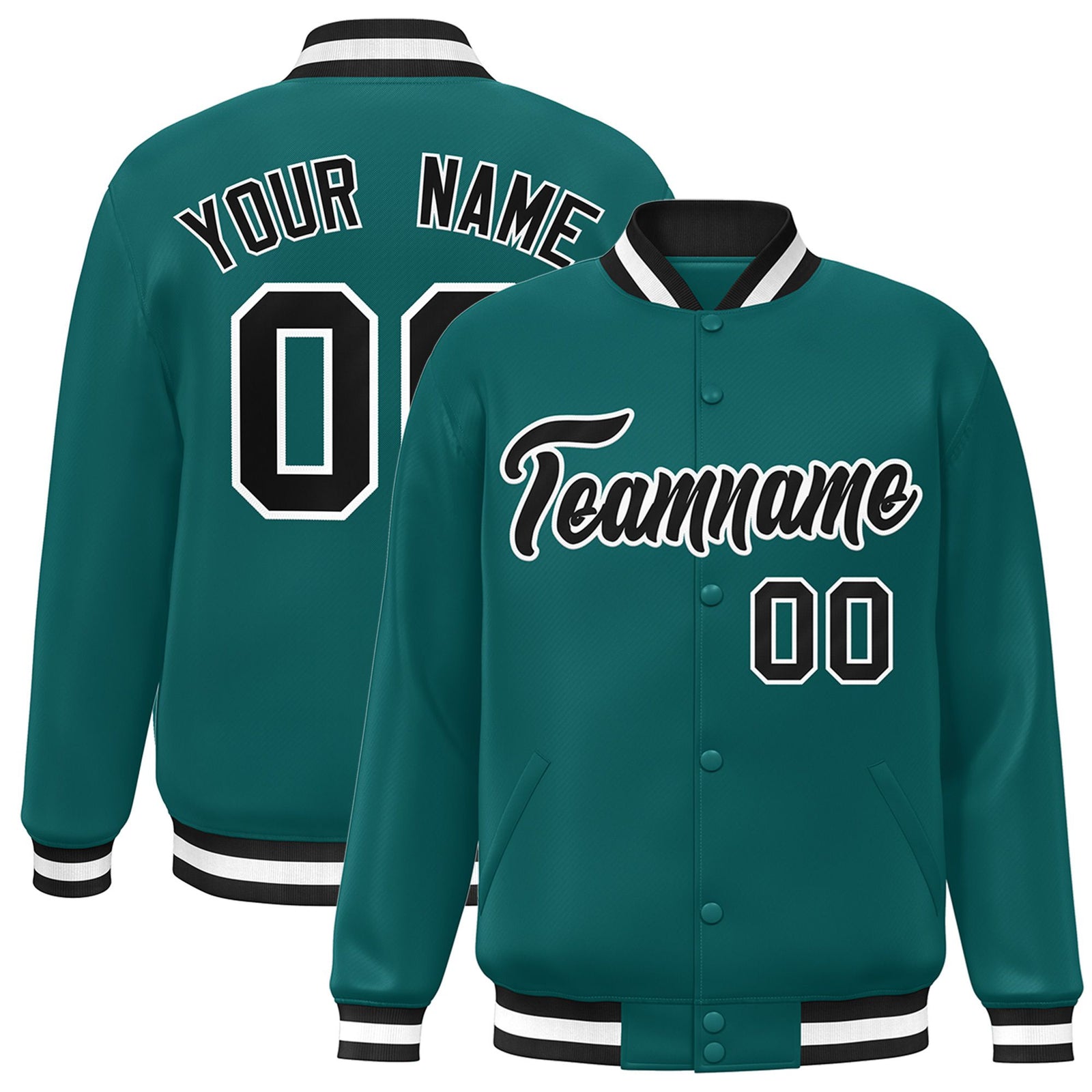 Custom Aqua Black-White Bomber Full-Snap Varsity Letterman Jacket