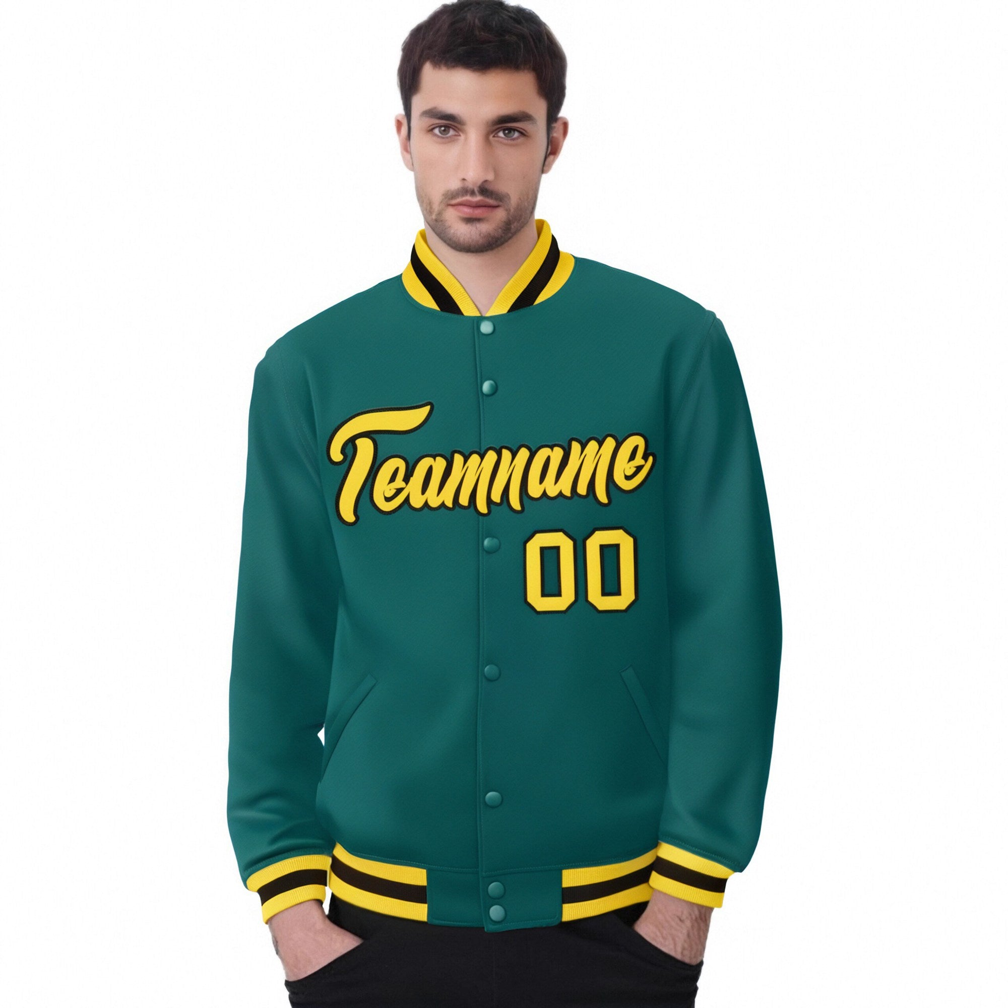 Custom Aqua Gold-Black Bomber Full-Snap Varsity Letterman Jacket