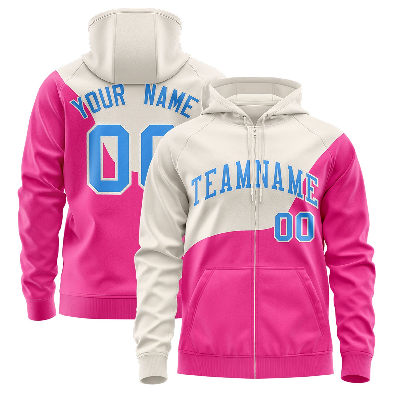 Custom Cream Pink Color Block Varsity Full-Zip Letterman Wave Hoodie Jacket