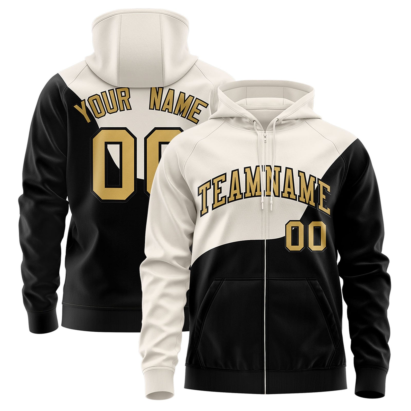 Custom Cream Black Color Block Varsity Full-Zip Letterman Wave Hoodie Jacket