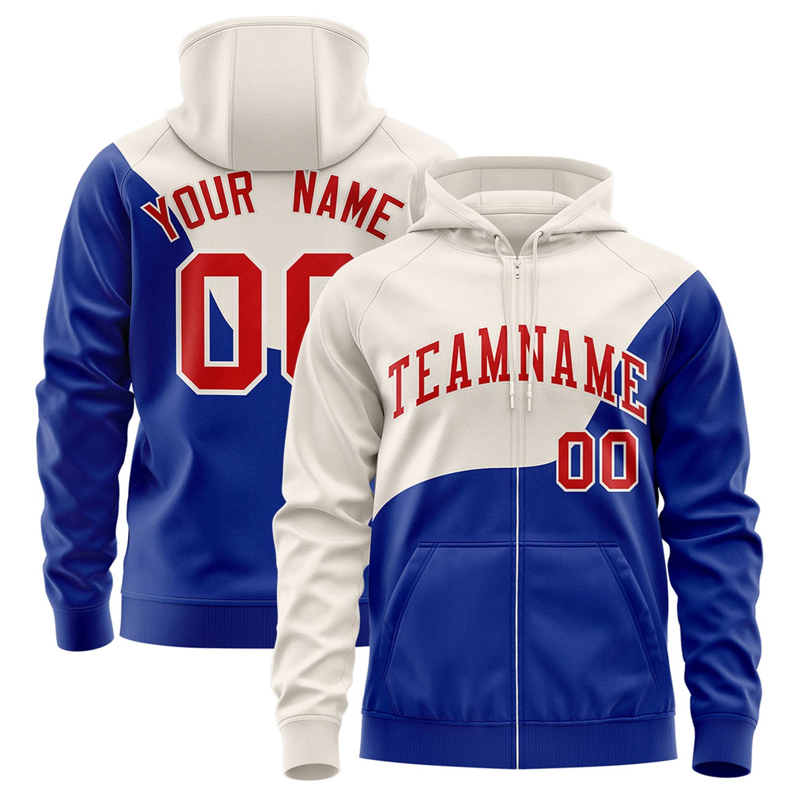 Custom Cream Royal Blue Color Block Varsity Full-Zip Letterman Wave Hoodie Jacket